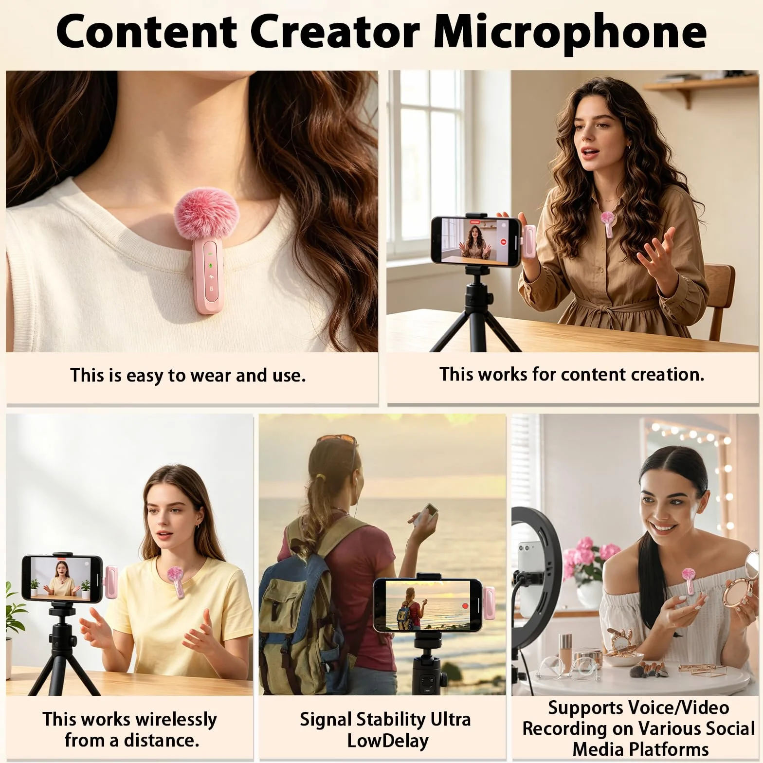 Microfono rosa per iPhone e connettore USB-C, microfono lavalier con cancellazione del rumore, display a LED e clip girevole, ideale per vlog, TikTok e creazione di contenuti
