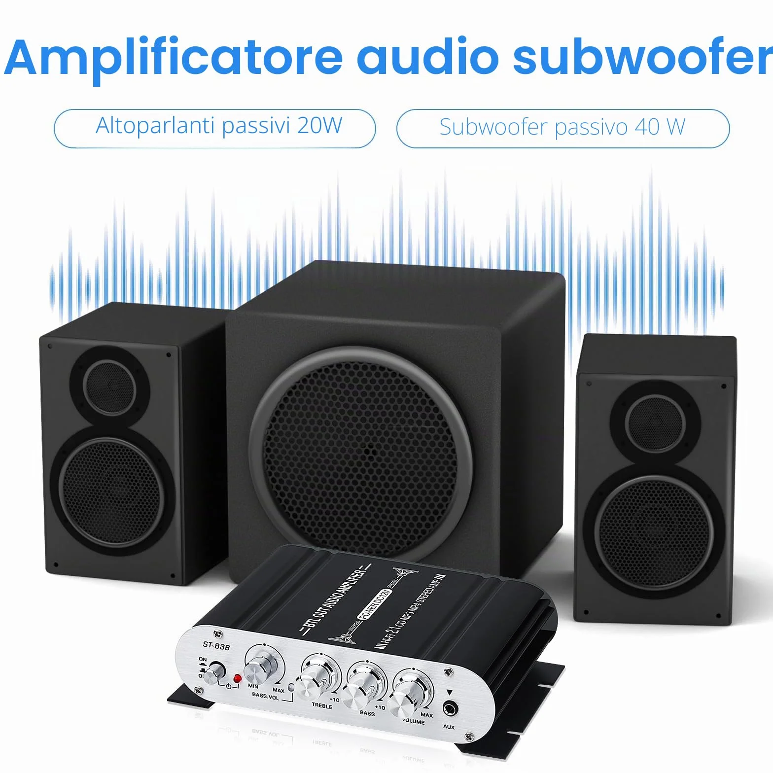 Amplificatore audio HiFi, amplificatore stereo 2.1 CH, RMS 20 Wx2+40 W ST-838 con uscita subwoofer, classe D mini amplificatore digitale con AUX per casa, altoparlante auto, nero (con adattatore di
