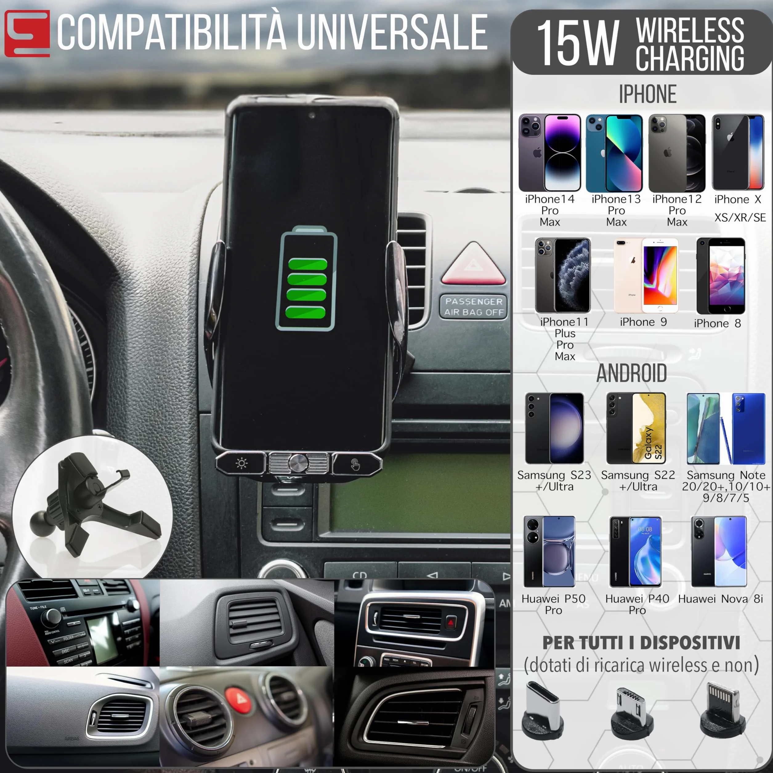 ALEMY DIGITAL Caricatore Wireless Auto, Porta Cellulare Auto, Supporto Telefono Per Auto Universale Con Ricarica e Auto Bloccaggio Con Rotazione Di 360°