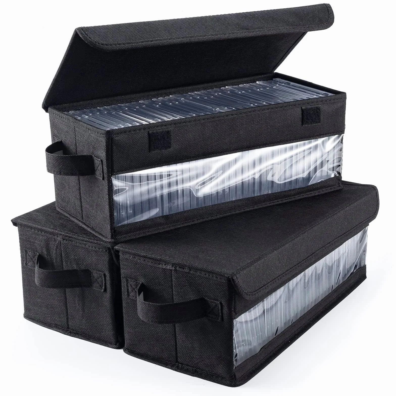Scatola Porta CD con Coperchio,porta cd portatile Con finestra di visualizzazione,Contenitori Impilabili con Coperchio Pieghevole per 32 CD per Casa e Auto, Nero