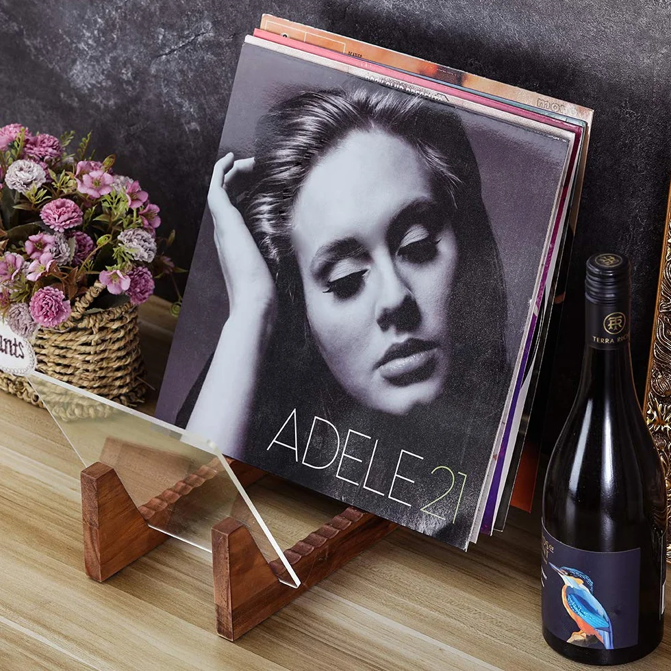 Porta Vinili in Legno di Pino con Robusto Supporto in Acrilico Trasparente,Porta Dischi Vinile,Design Premium, per Conservare e Visualizzare Fino a 50 Album,Compatibile con CD e LP - Marrone