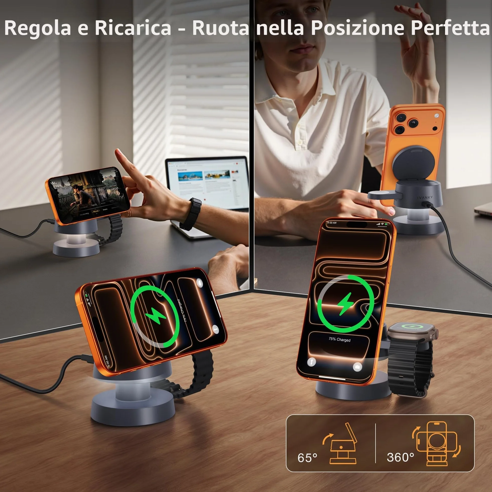 iVANKY 4 in 1 Caricabatterie wireless per iPhone 17e Stazione di ricarica con luce notturna, Qi2 15W 3 in 1 MagSafe caricabatterie per iPhone 17/16/15/14/13/12/11/Pro/Max, Apple iWatch, Airpods