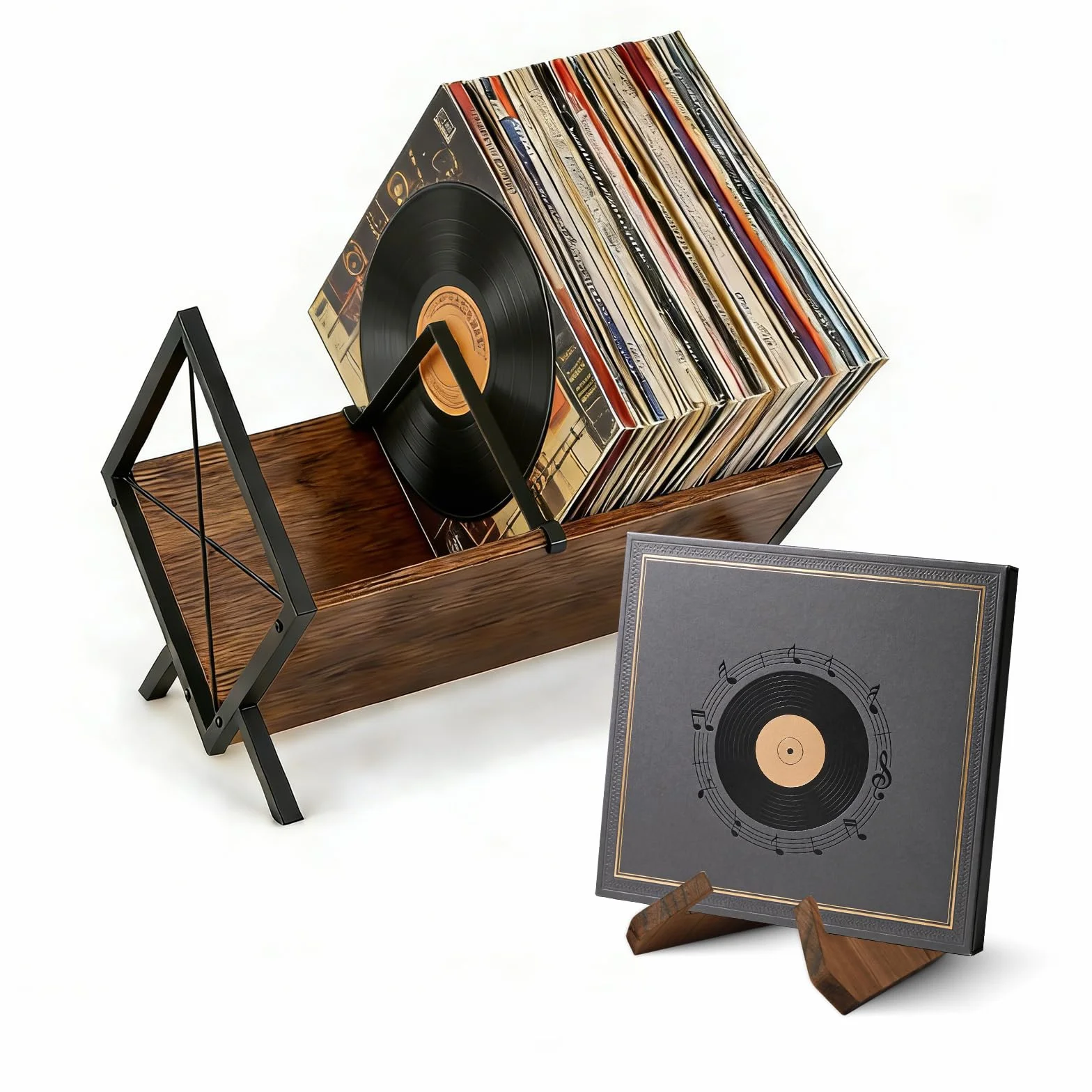 BigKing Set di Porta Vinili, Supporto per Dischi in Vinile e Presentazione, con Divisorio Regolabile, Può Contenere da 80 a 100 LP, Facile da Montare, Metallo e Legno, Organizzatore per CD
