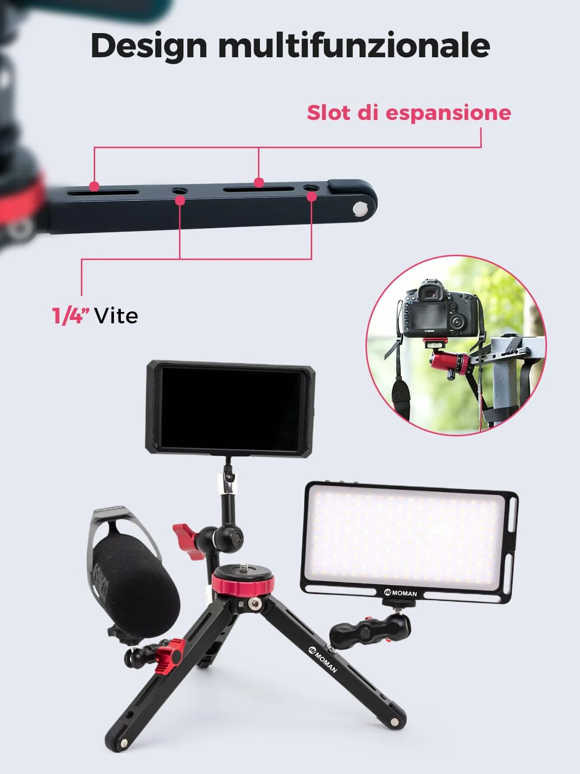 Moman Mini Treppiedi, TR01 Tavolo Treppiedi Piccolocon Attacco a Vite 1/4 e 3/8 Mirrorless con Carico Massimo di 80 kg Alluminio CNC per Fotocamera Camere Reflex Smartphone DSLR, Nero Rosso
