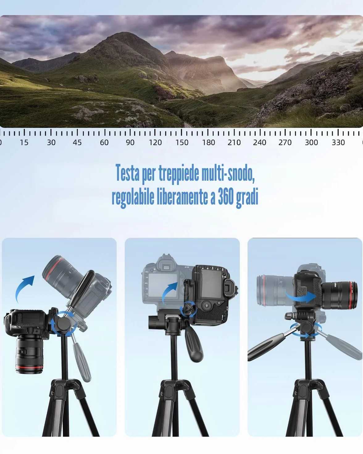 POLAM-FOTO 172 cm Treppiede leggero per smartphone, treppiede in alluminio, con testa panoramica a 3 vie e supporto per cellulare, adatto per smartphone e fotocamere DSLR, nero