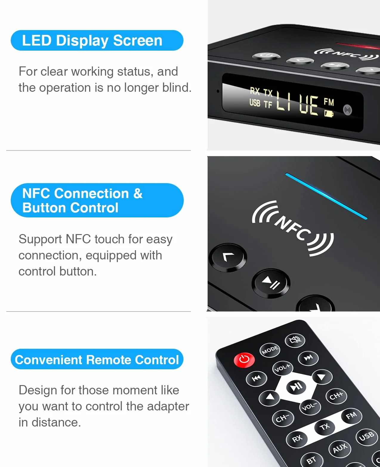 Trasmettitore Bluetooth, Adattatore Ricevitore Trasmettitore Bluetooth 5.0 3 in 1, Trasmettitore FM con Cavo RCA/AUX, Adattatore Audio Wireless per Sistema Stereo/TV/PC/Cuffie/Altoparlanti