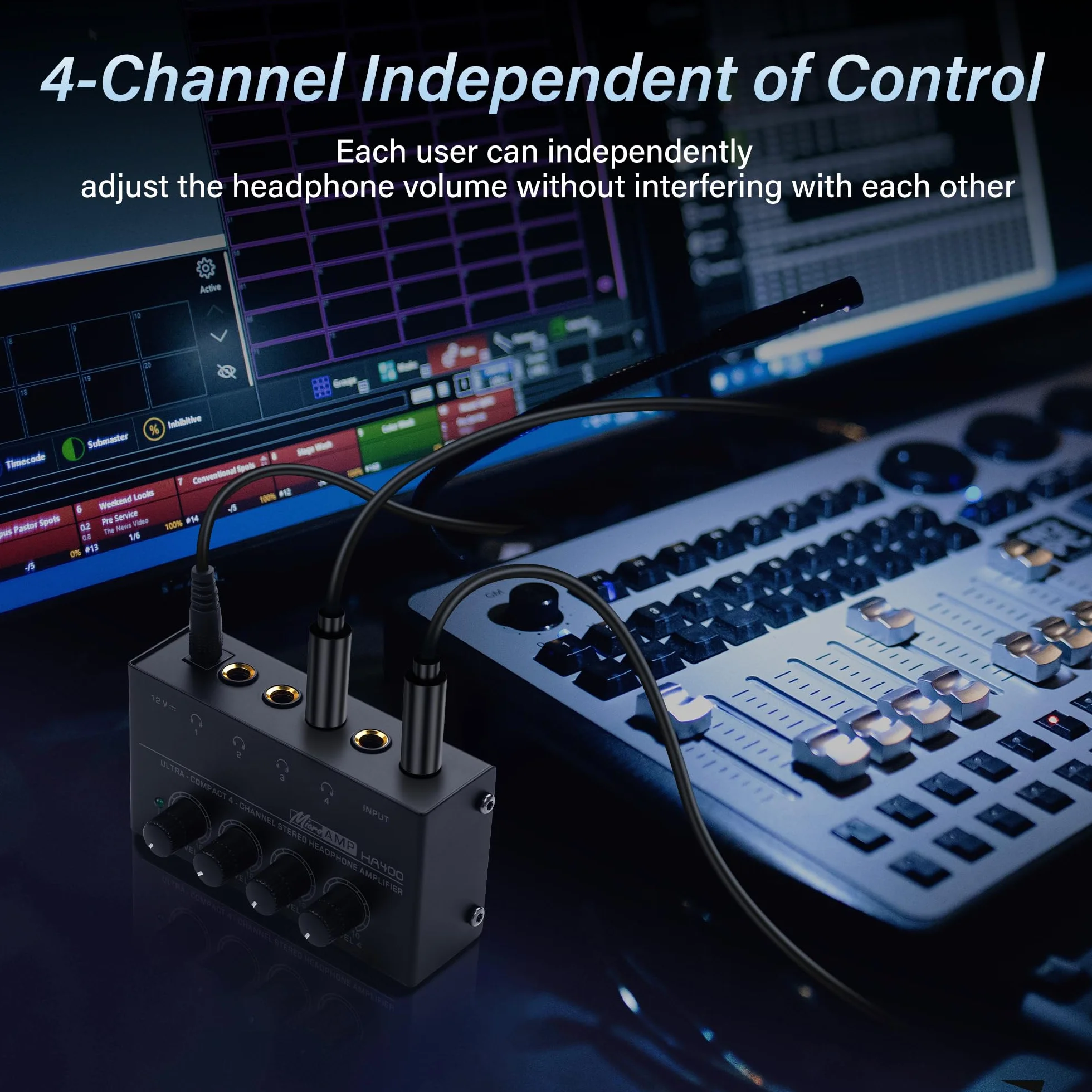 SinLoon HA400 Amplificatore per Cuffie Stereo a 4 canali, Mini Splitter Audio in Metallo con Controllo del Volume Indipendente, Uscita e Ingresso TRS da 1/4", con Adattatore 12V per Studio,
