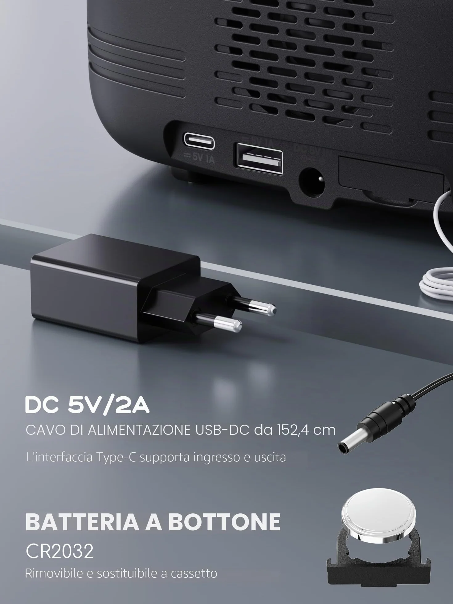 ROCAM Sveglia Digitale da Comodino Radiosveglia Orologio Digitale da Tavolo Funzionamento a rete Dimmer Luce notturna USB Tipo-C DST Batteria di Backup Radio da Cucina