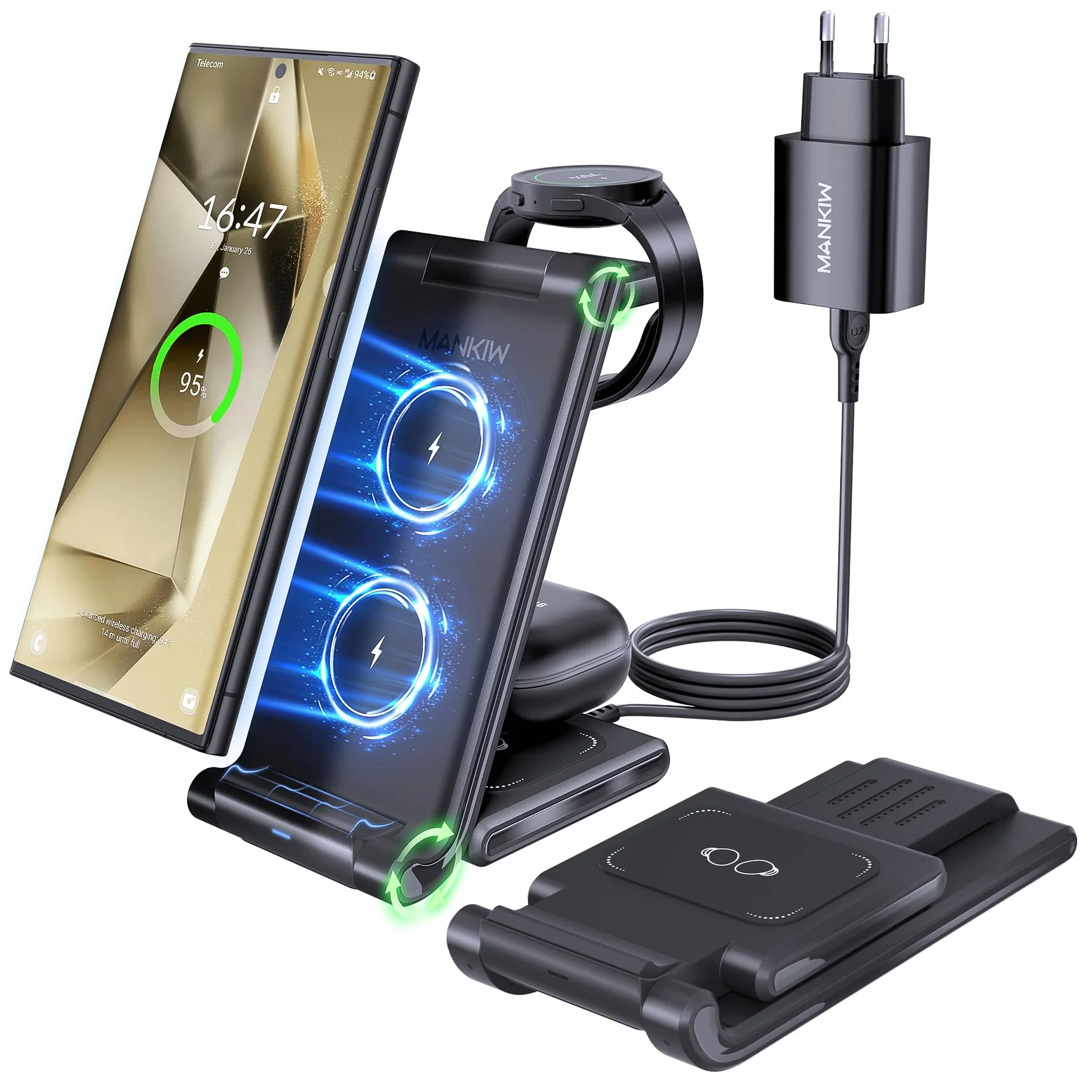Stazione Ricarica per Samsung, MANKIW Pieghevole 3 in 1 Base Ricarica Wireless per Samsung S25/S24/S23/S22/S21/S20, Z Fold 6/5/4/3, Note20/10 Ultra, Watch 7/6/5/4/3/Active, Buds2/+/Pro/Live
