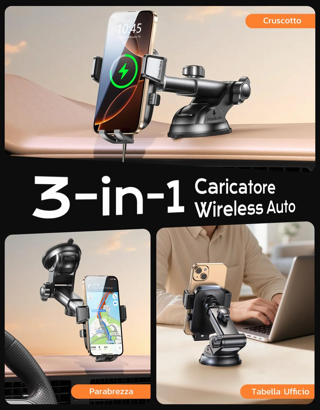 Mohard Porta Cellulare Caricatore Wireless Auto, 15W Ricarica Wireless Automobile Rapida con Adattatore QC3.0, Caricabatterie Supporto Telefono Rotazione 360° Cruscotto/Parabrezza, per 4.7-6.9" Phone