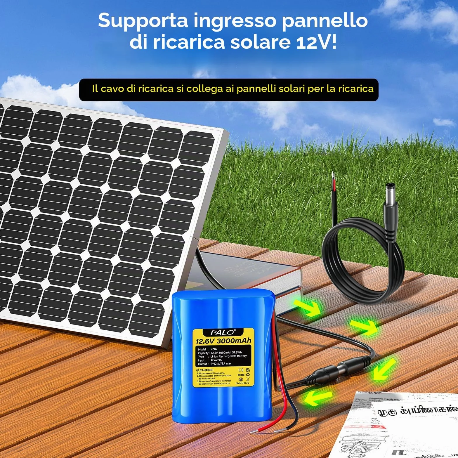 Batteria agli ioni di litio 12,6V 3000 mAh con caricabatterie e 2 linee di collegamento per pannello solare, radio, fotocamere, videocamere, lampada da lettura fai da te, telescopi, sonar