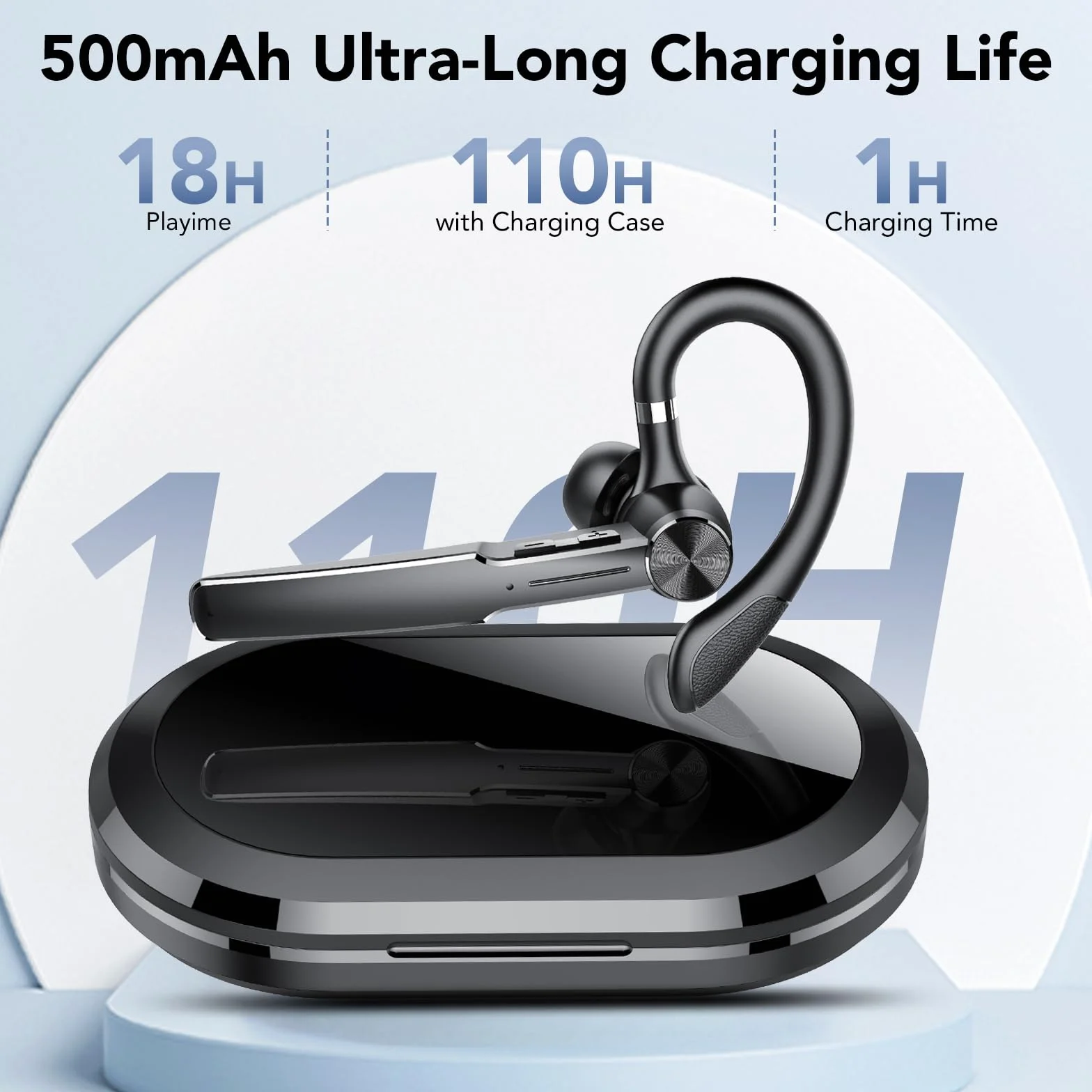 Auricolari Bluetooth V5.3, Auricolare Bluetooth Singolo con HD CVC8.0, Auricolare con 110 Ore, 4 Mics Cuffie Bluetooth Singolo con Funzione di Riduzione del Rumore, IPX7 Impermeabile/Guida/Lavoro/Nero