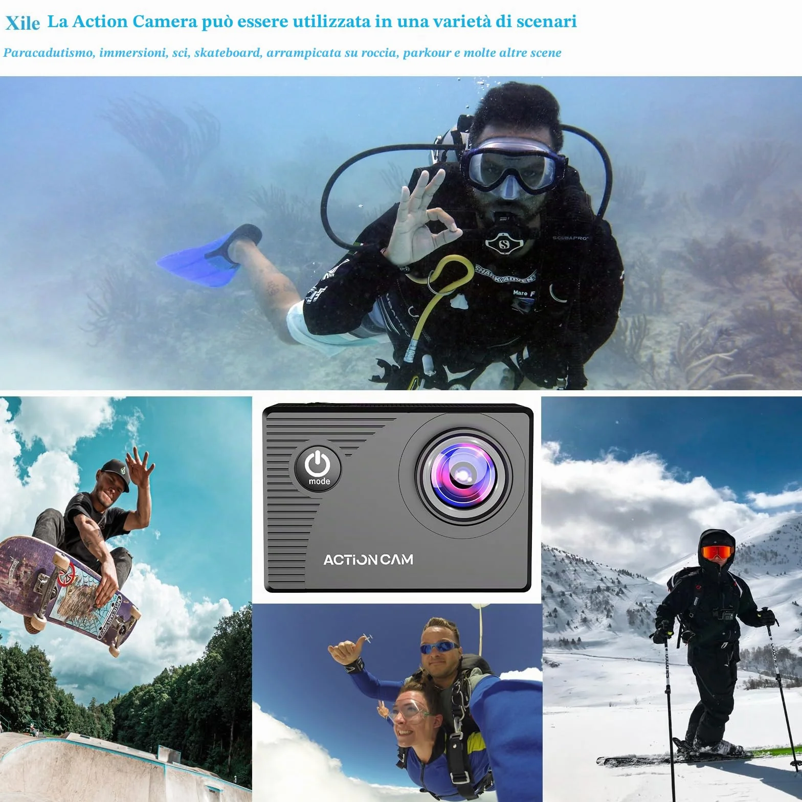 Xilecam Action Cam 1080P con scheda da 32 GB Telecamera Moto, Macchina Fotografica Subacquea impermeabile 40M, Fotocamera Subacquea con 2 x Batterie Ricaricabili e Kit Accessori（X8000Pro）