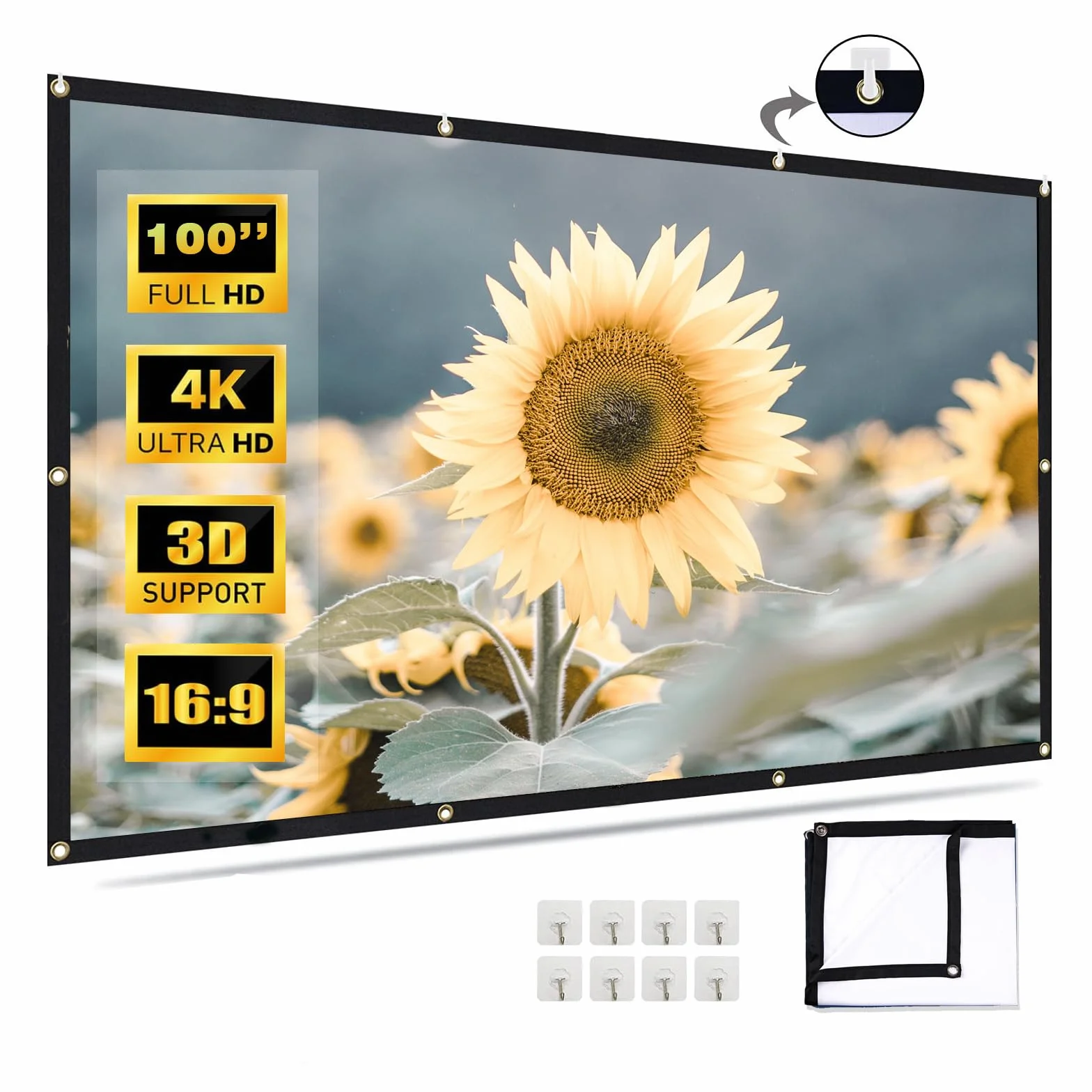 Schermo Proiettore 100 Pollici, Schermo Cinematografico Portatile 16:9 HD 4K Schermo Lavabile Pieghevole per casa, ufficio, classe