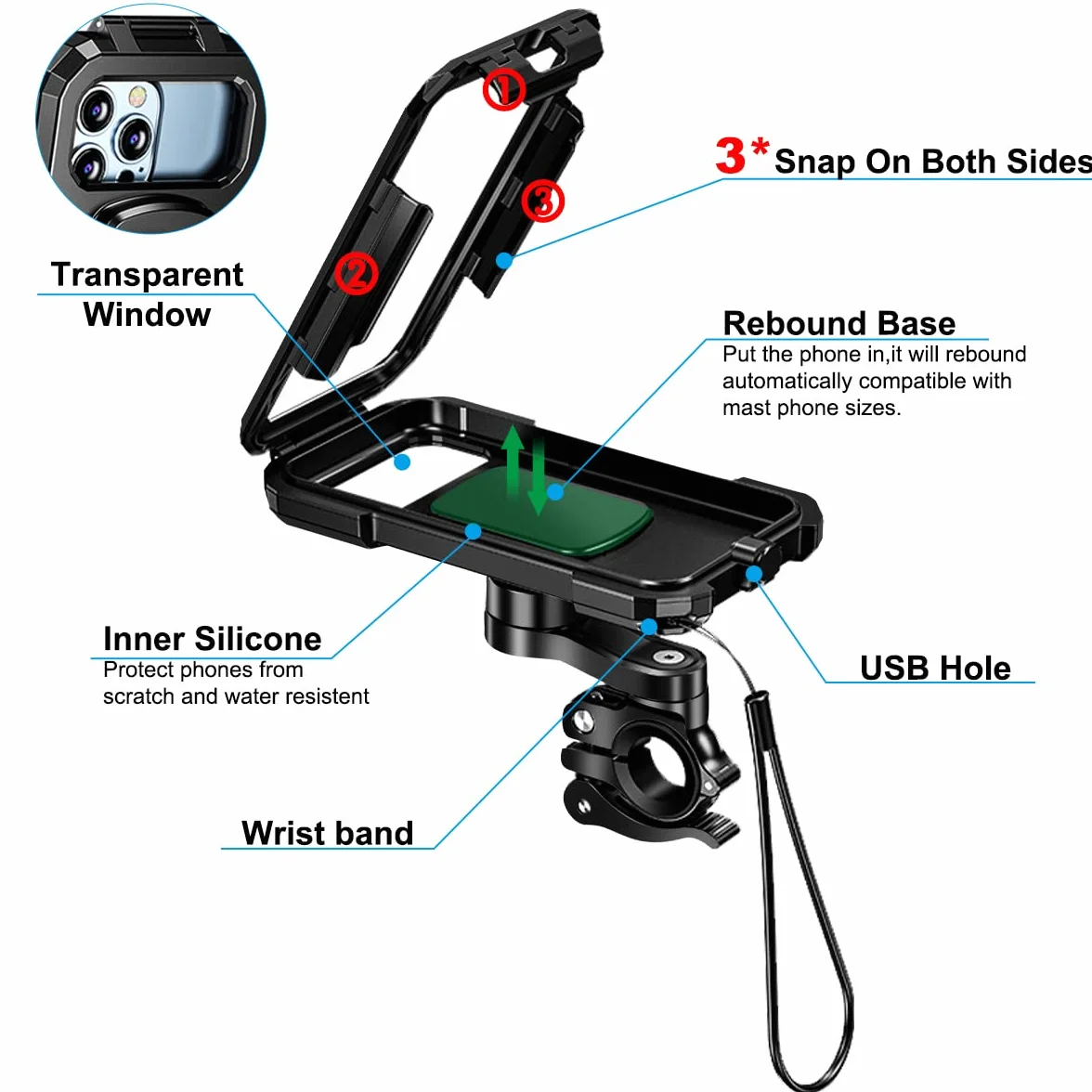 Porta Cellulare Bici Universale Moto Impermeabile Rotazione 360° Supporto Telefono Anti-Shake per 5.5-6.8 Pollici Smartphone Nero