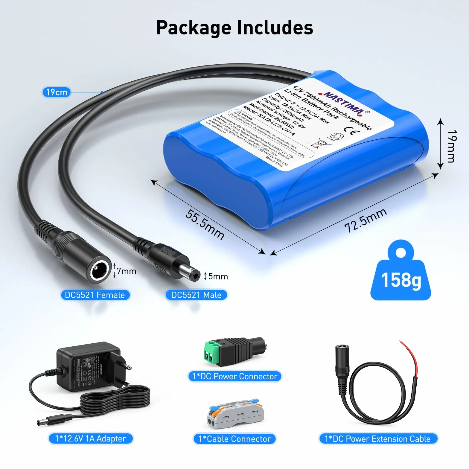 NASTIMA 2600mAh 28,08Wh 12V Batterie Lithium-Ion Rechargeable Adaptée aux Appareils Photo, Caméscopes, Lecteurs MP3, Claviers Électroniques, Routeur, Radio, etc. Chargeur et Connecteur Inclus