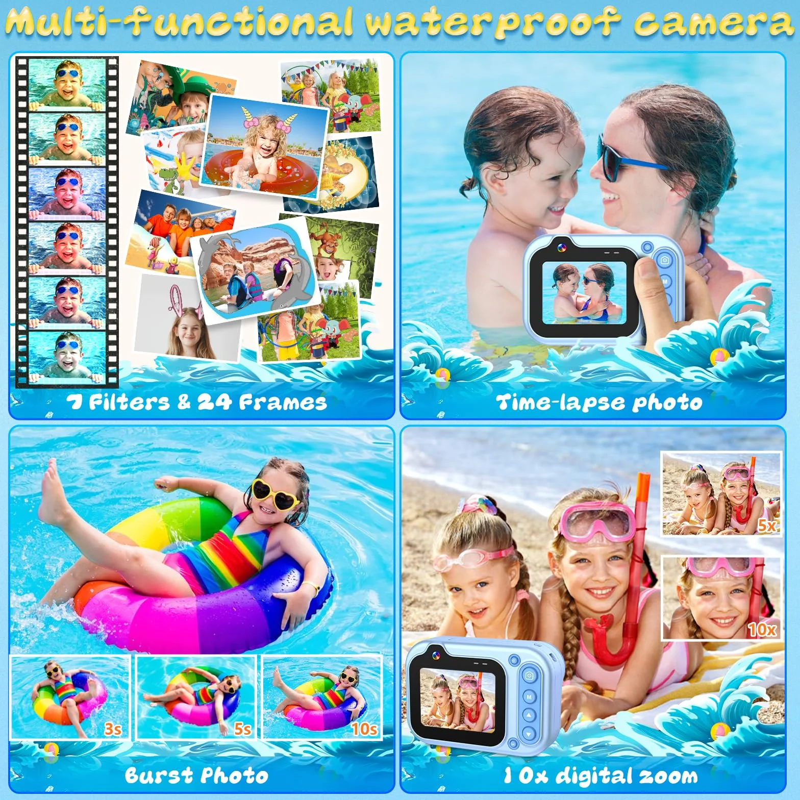 Macchina Fotografica Subacquea 10FT 1080P Full HD 26MP Fotocamera Subacquea Digitale, 10X Zoom Digitale, Telecamera Subacquea Per Selfie Subacquei, Nuoto, Spiaggia, Parco Acquatico - Blu