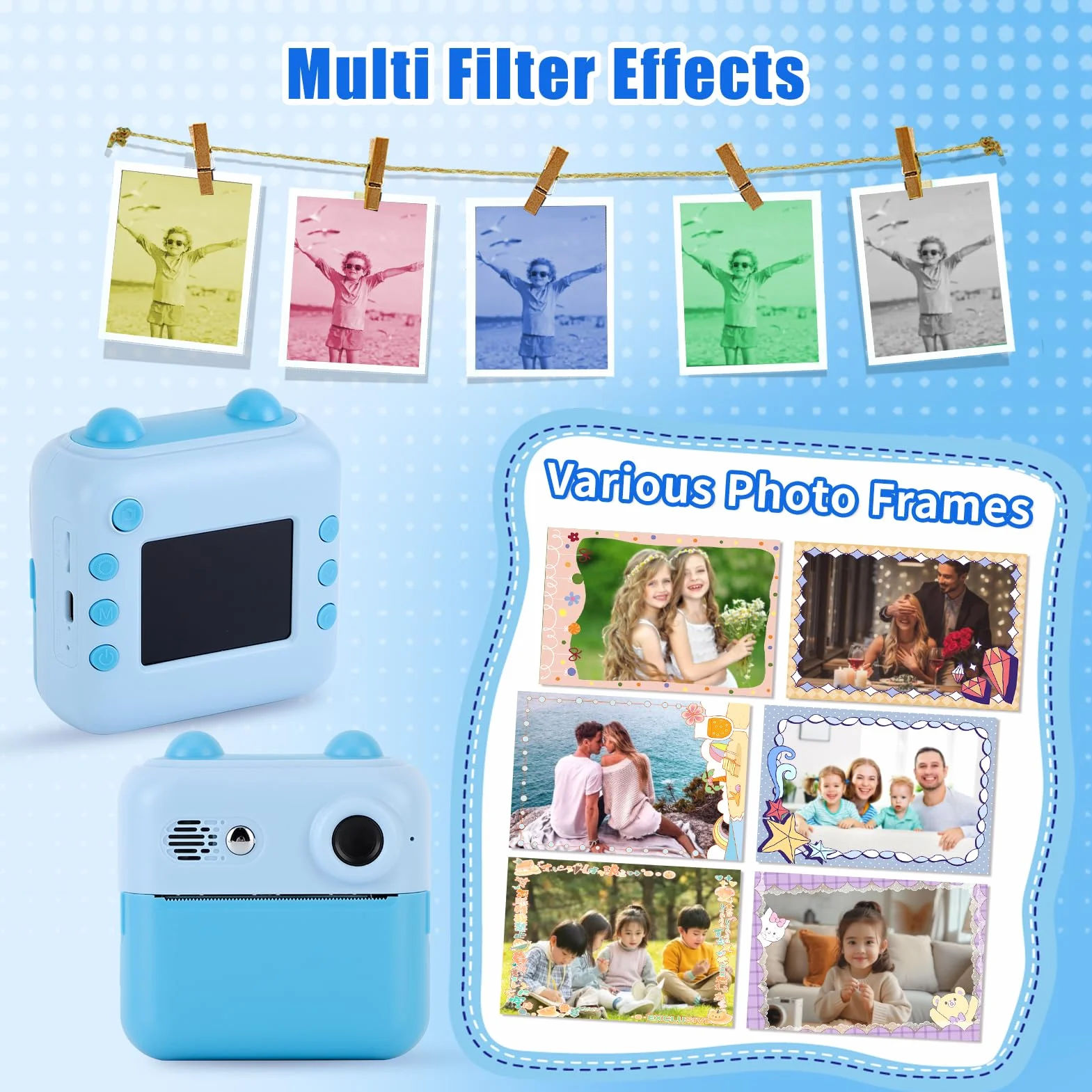 Gugxiom Kids Camera Instant Print, Fotocamera Digitale per Bambini con Scheda SD da 32 GB e 3 Rotoli Di Carta per Stampante, Fotocamera per Bambini per Ragazzi e Ragazze (blu)
