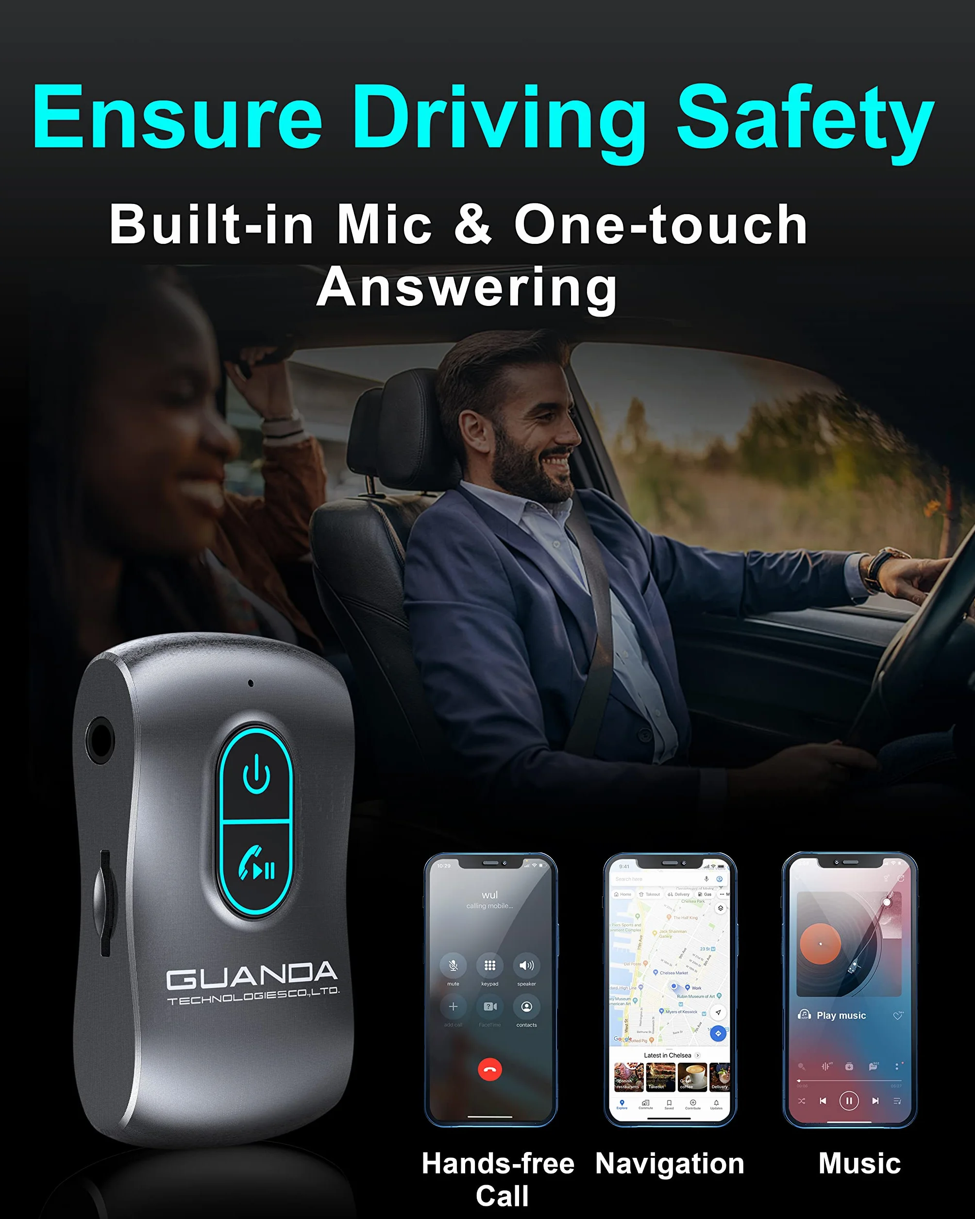 Ricevitore Bluetooth 5.0, adattatore Bluetooth AUX con cancellazione del rumore per autoradio/PC/TV/Stereo domestico/Cuffie cablate/Altoparlante W Slot per scheda Micro SD S Chiamate in vivavoce