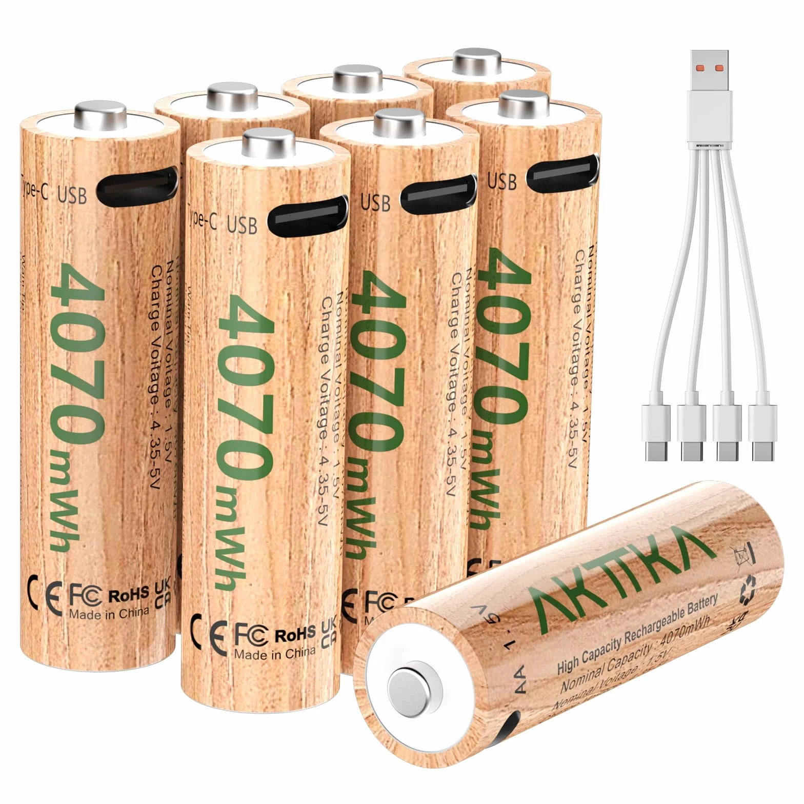 Set di 8 batterie al litio AA da 4070 mWh, 1,5 V, con cavo di ricarica USB‑C 5V/2A da 1 a 4, potenti prestazioni per controller di gioco, serrature intelligenti, telecamere di sorveglianza