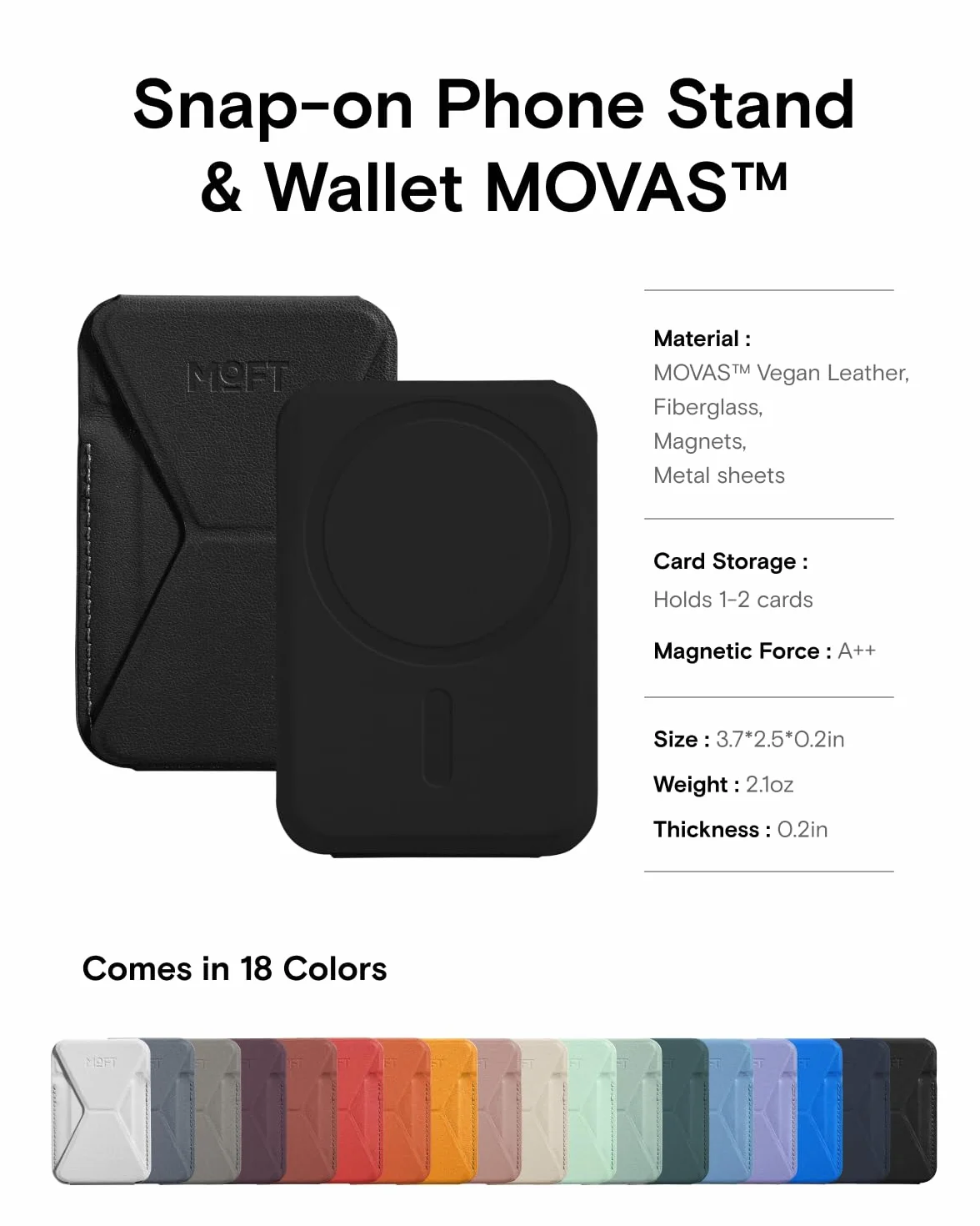 MOFT MagSafe Portafoglio Supporto per iPhone Serie 16/15/14/13 Compatibile con MagSafe, MOVAS Pelle Vegana Supporto Magnetico per Telefono con 3 Angoli di Visione, 2 Porta Carte (Nero Jet)