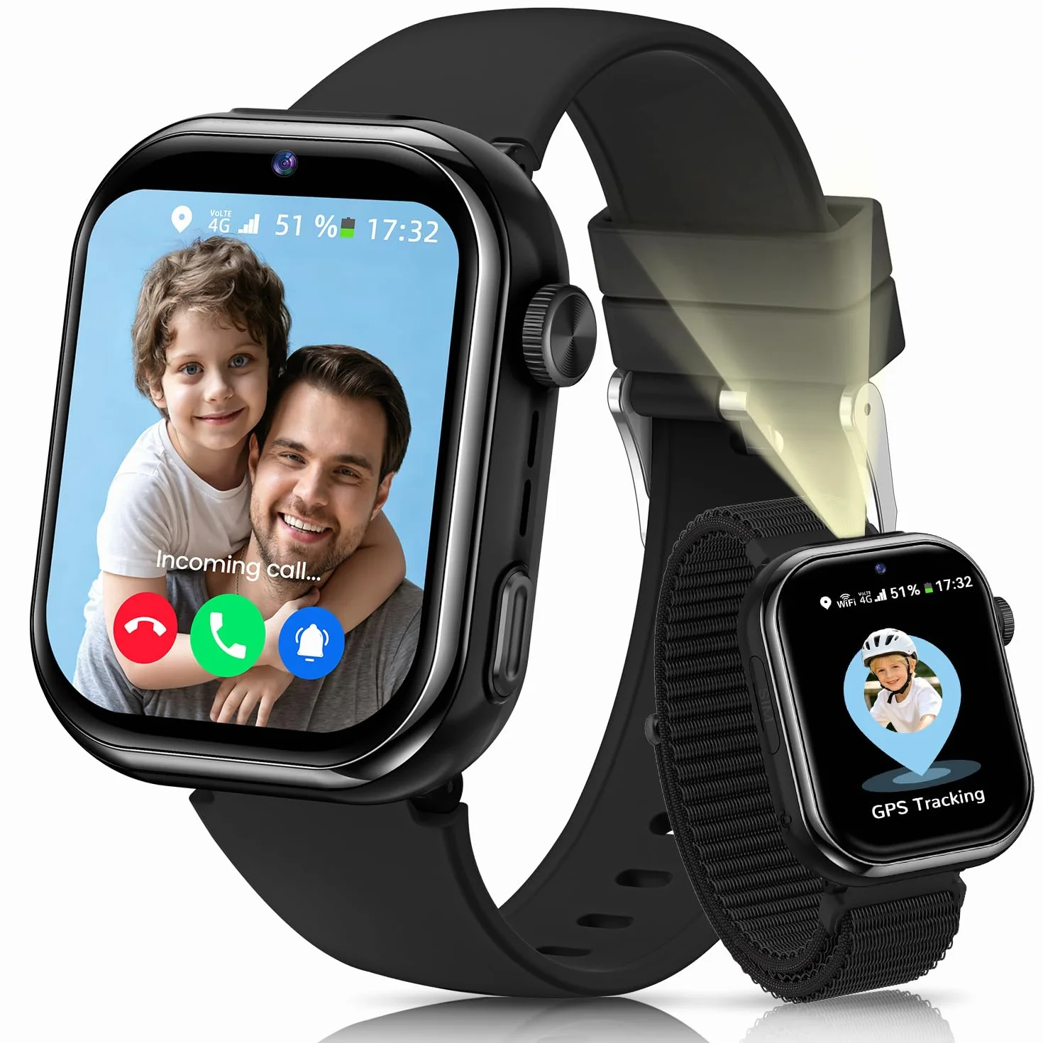 4G Smartwatch Bambini, Orologio GPS Bambini con Chiamate Videochiamate, Chat Vocale, modalità Scuola, Doppia Fotocamera, Sveglia, Contapassi, IP68 Calcolatrice Smart Watch per Ragazzi e Ragazze, Nero