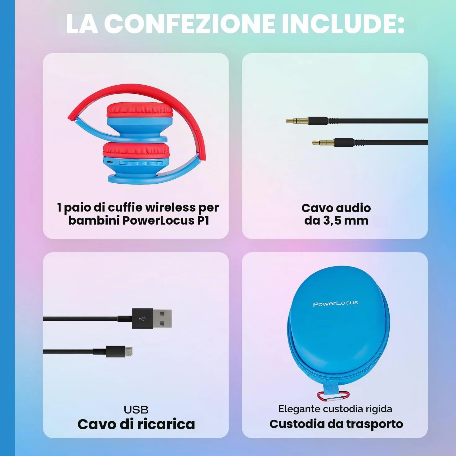 PowerLocus Cuffie Bluetooth per Bambini, Cuffie Senza Fili Over-Ear con Microfono, limitatore di volume a 85 dB, Cuffie Wireless Pieghevoli e Regolabili per Ragazzi e Ragazze per Cellulari/Tablet/PC