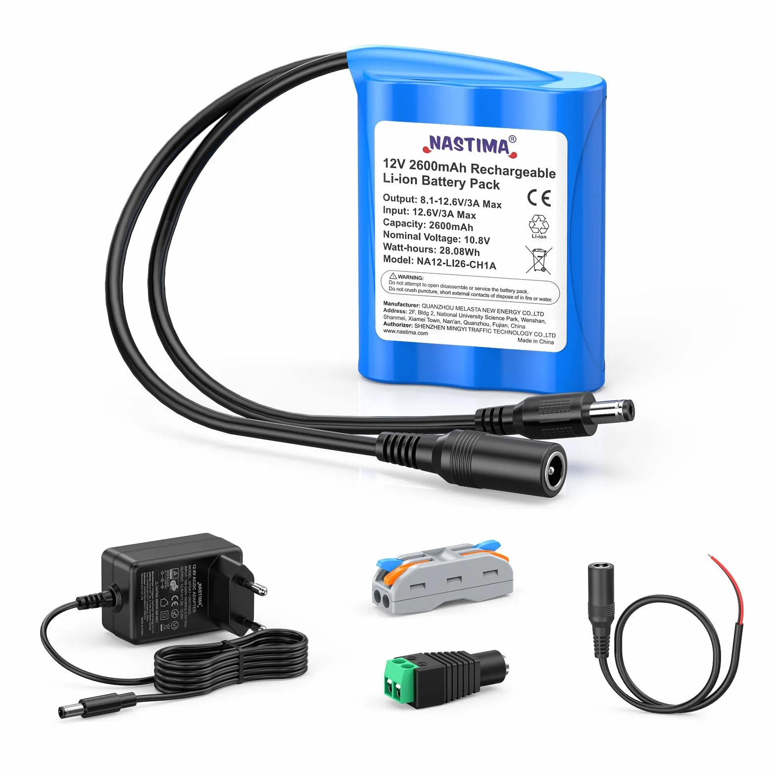 NASTIMA 2600mAh 28,08Wh 12V Batterie Lithium-Ion Rechargeable Adaptée aux Appareils Photo, Caméscopes, Lecteurs MP3, Claviers Électroniques, Routeur, Radio, etc. Chargeur et Connecteur Inclus