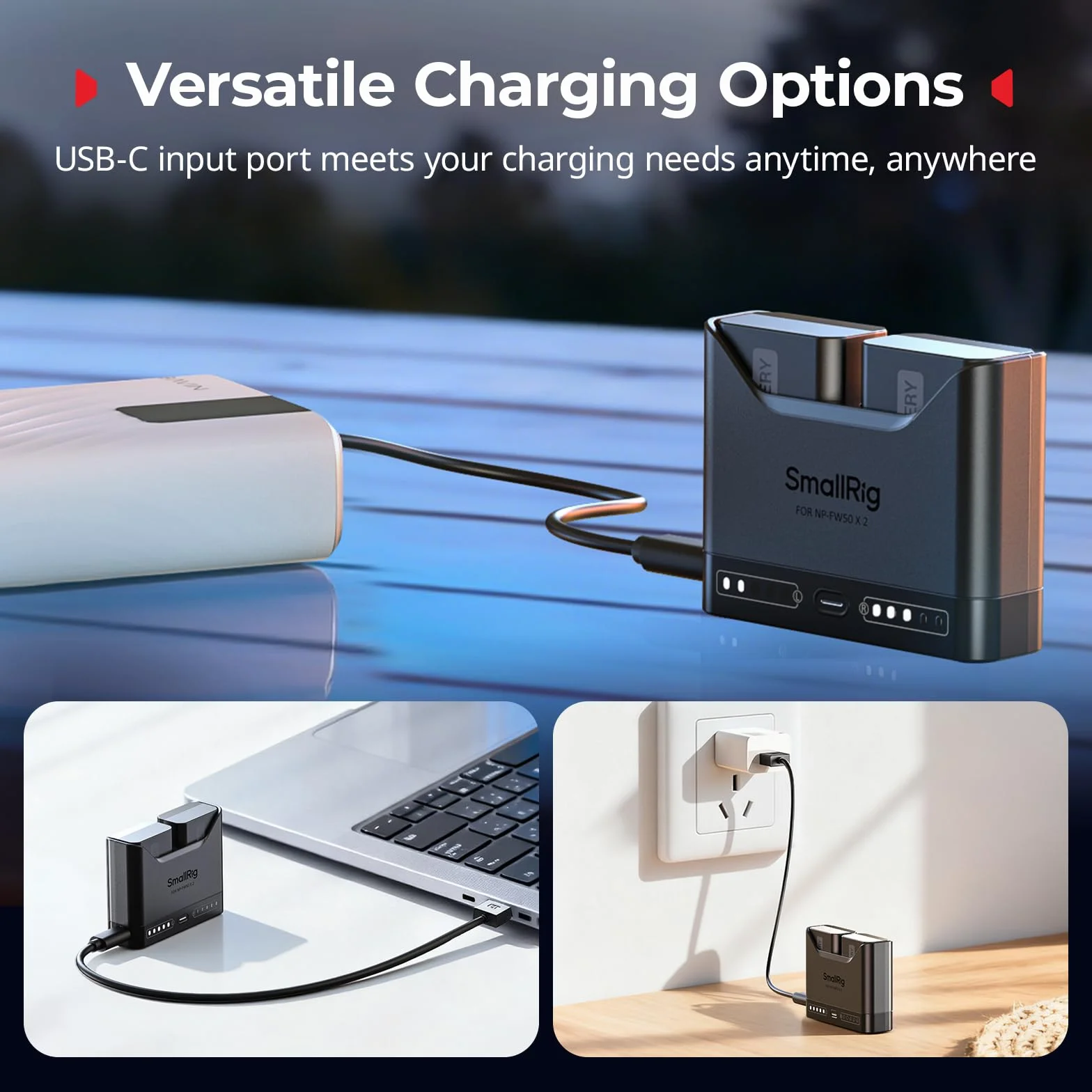 SMALLRIG Caricabatterie NP-FW50 per Sony, caricabatteria doppio slot da 2 ore con porta USB-C da 11 W, per Sony A6000 A6100 A6300 A6400 ZV-E10 A7 A7S A7R A7SII A7RII A5000 A5100 ILCE-QX1-5493