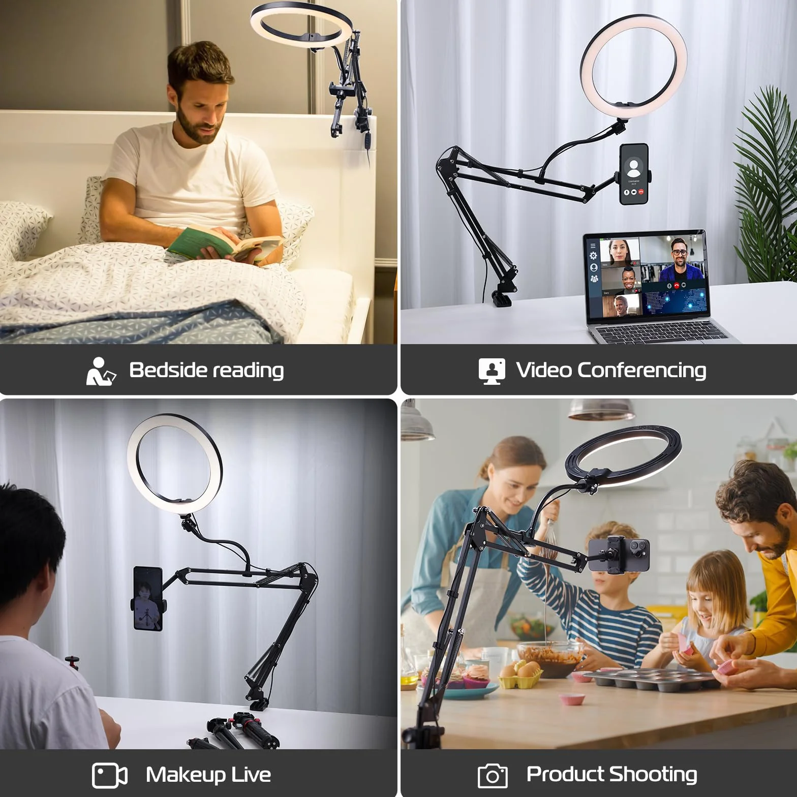 Supporto per telefono ULANZI TH03 per registrazione, con luce ad anello, regolabile, supporto da scrivania per iPhone, supporto da scrivania per YouTube Starter Live Stream Cooking Painting Nail