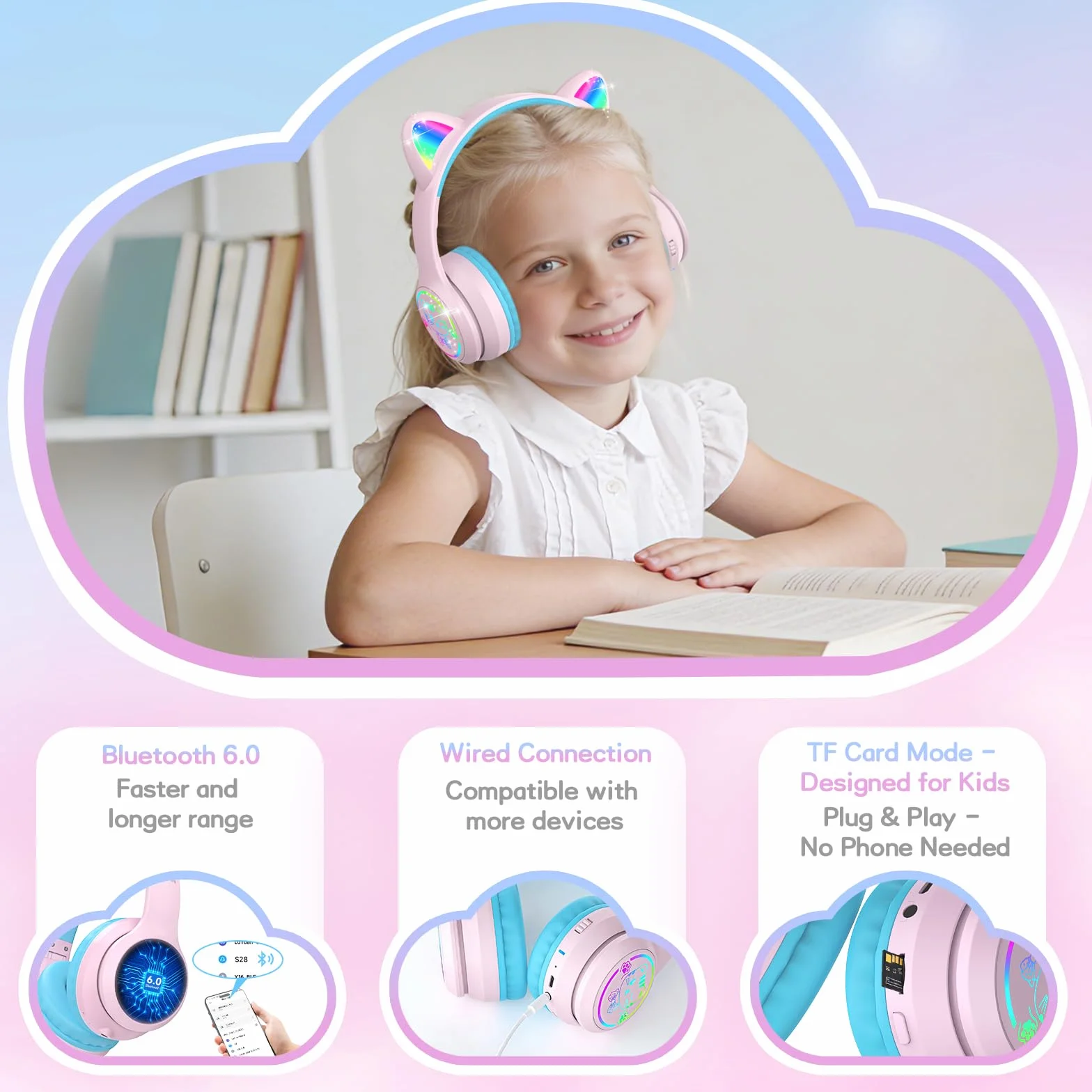 IFECCO Cuffie Bluetooth per bambini senza fili con custodia – Cuffie over-ear con luci LED, orecchie da gatto, limitazione del volume a 85 dBA, microfono integrato, compatibili con iPad/tablet/scuola
