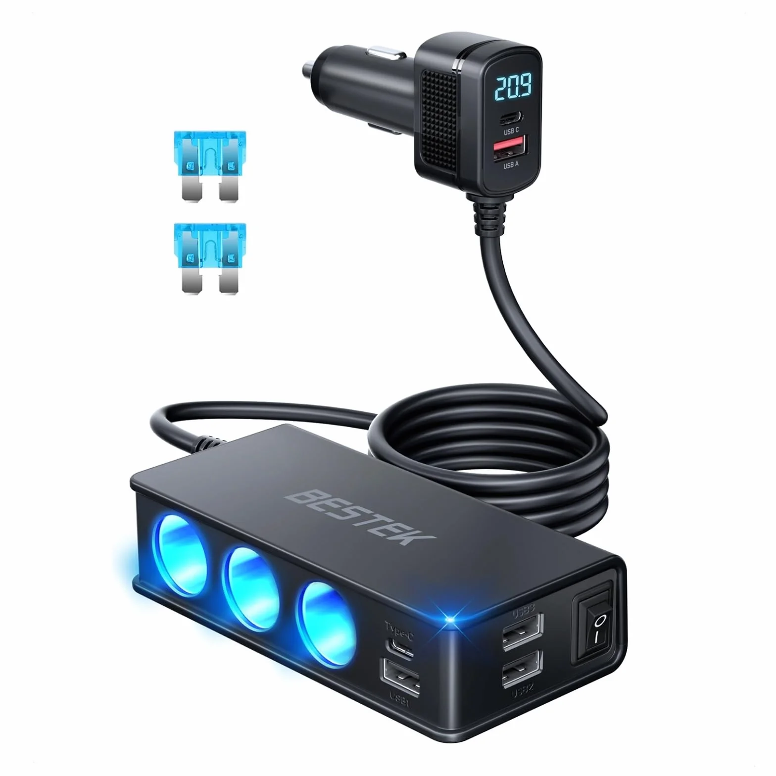 BESTEK Caricatore Auto USB-C PD USB QC3.0 Caricabatterie da Auto 148W, 9 in 1 Adattatore per Accendisigari 12V/24V con 3 Prese & 6 Porte con Display LED per iPhone Dash Cam
