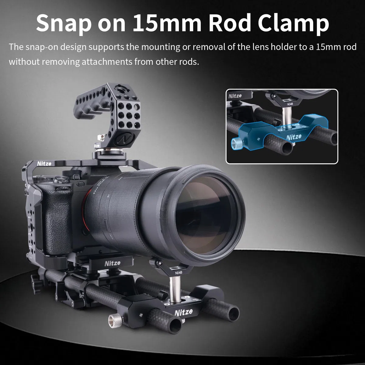 Nitze Lens Support, Supporto per Obiettivo da 15mm con Staffa a Y Scorrevole, Prolunga da 1/4" e Tappi da 1/4", 3/8" e M3, Compatibile con Obiettivi Lunghi e Pesanti - N04B