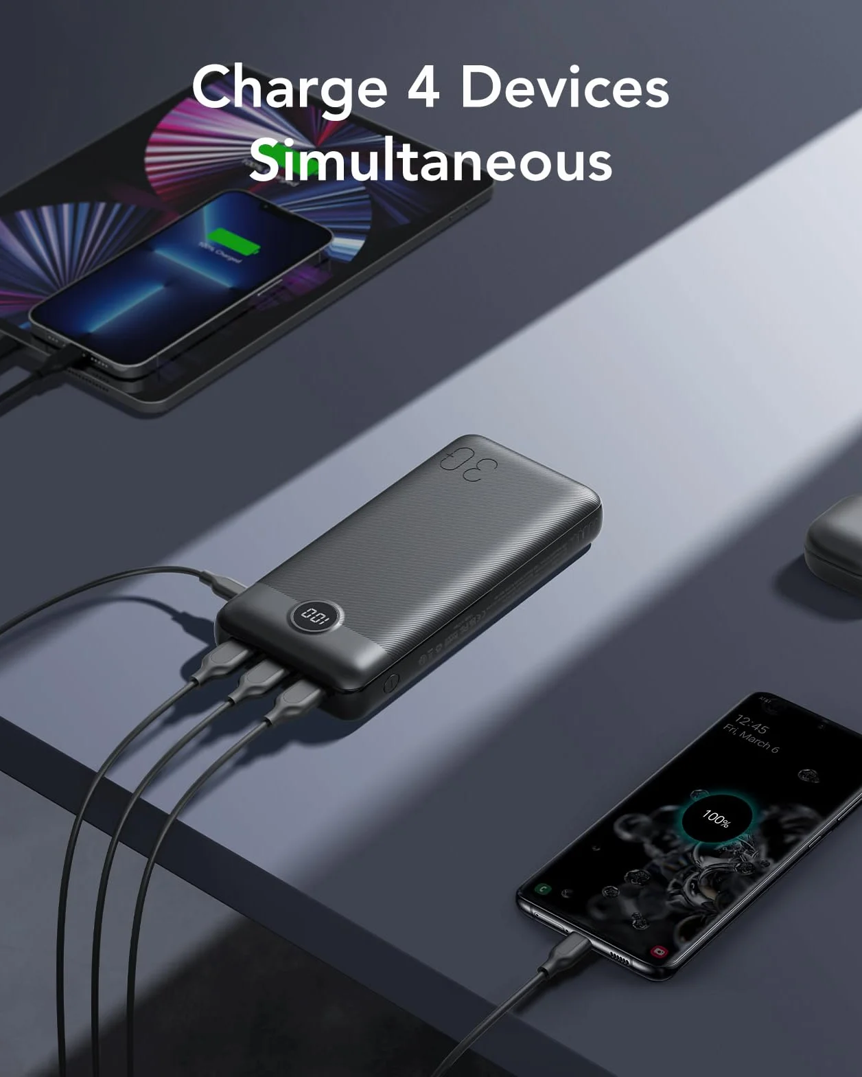 VEGER Power Bank 30000mAh, PD 20W QC 3.0 Ricarica Rapida Caricatore Portatile, 4 Uscite e 2 Ingressi con LED Display Digitale Batteria Esterna Compatibile con iPhone/Samsung/Huawei/iPad (Nero)