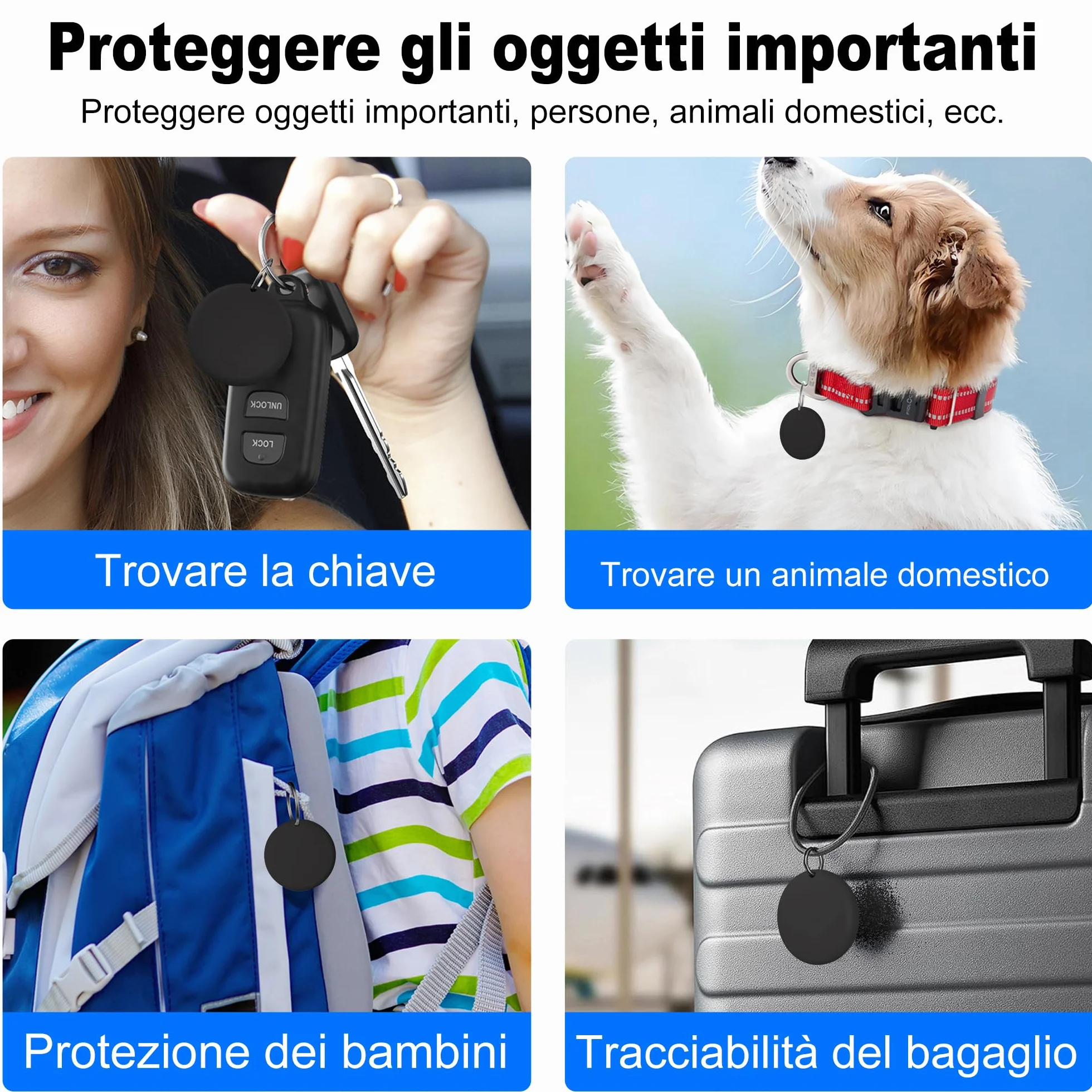 Air Tracker Android Smart Tag Bluetooth Tracker per chiavi bagagli zaini borse nero Confezione da 4