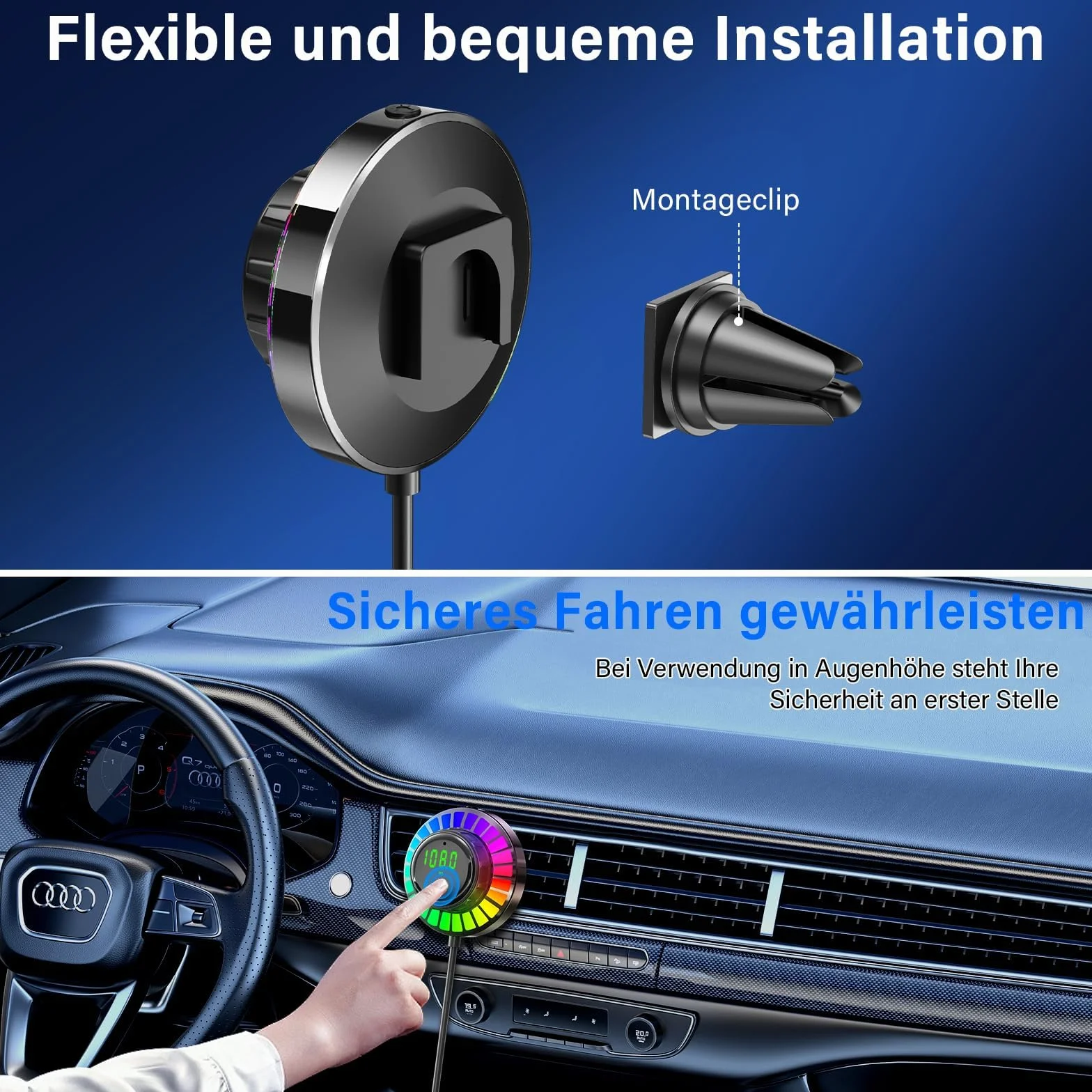 Adattatore Bluetooth Auto FM Transmitter con Luce RGB - Vivavoce Bluetooth 5.3, Caricabatterie PD30W USB-C & QC3.0, Adattatore Bluetooth per Auto per iPhone Android Autoradio OHFAMO