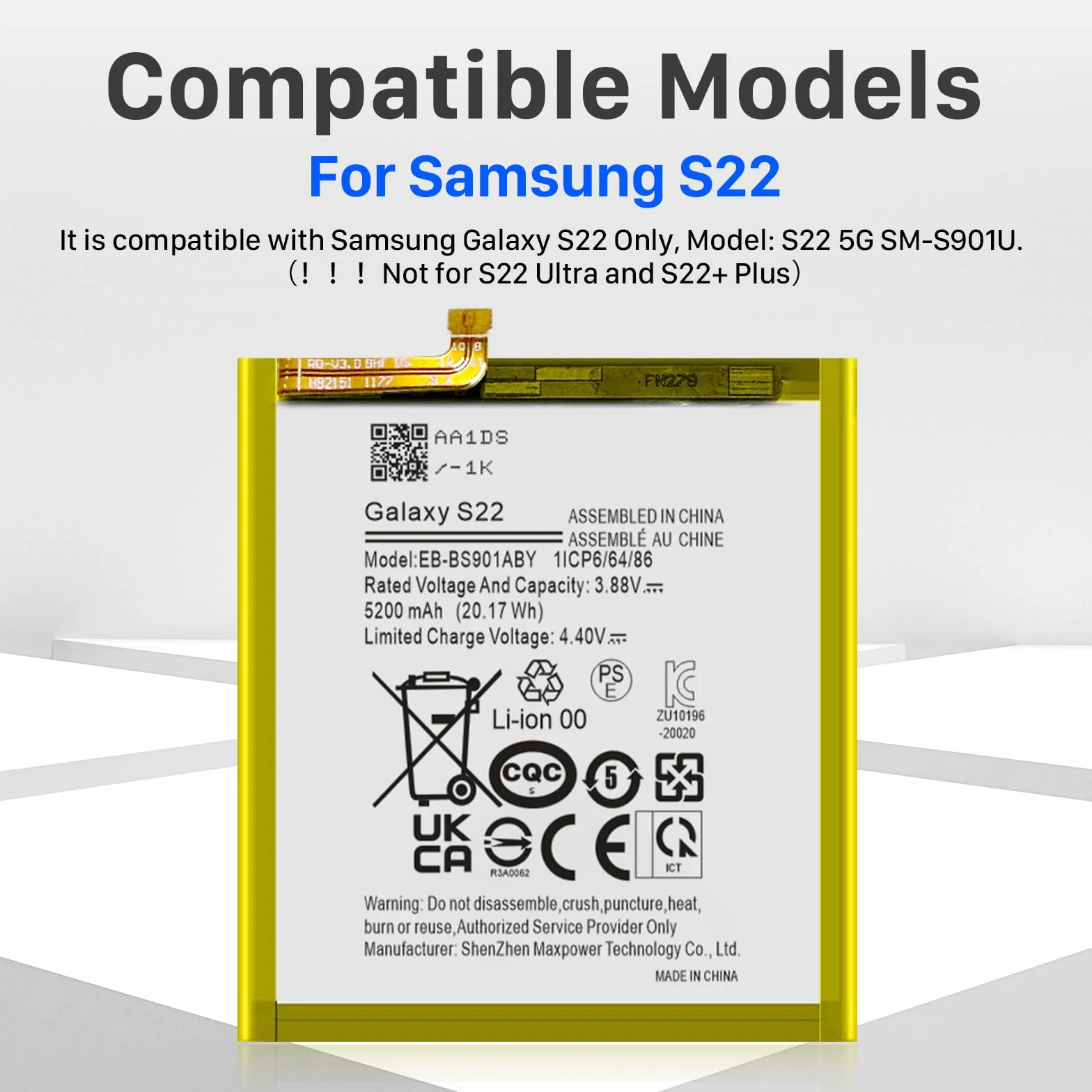 Batteria di ricambio per Galaxy S22, 5200 mAh EB-BS901ABY per S22 5G SM-S901 S901B S901E S901F S901N S901U S901W S9010 con kit di attrezzi di riparazione