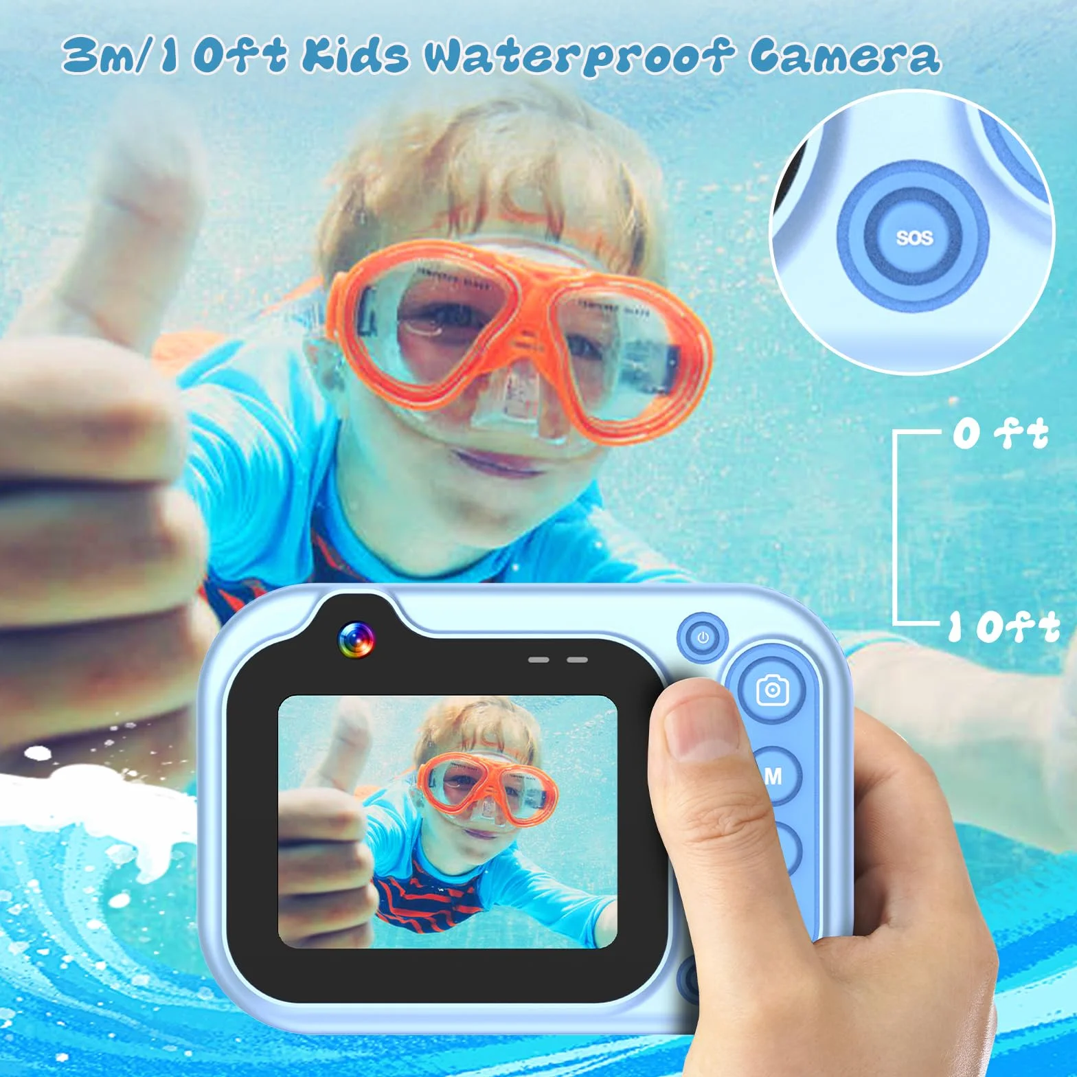 Macchina Fotografica Subacquea 10FT 1080P Full HD 26MP Fotocamera Subacquea Digitale, 10X Zoom Digitale, Telecamera Subacquea Per Selfie Subacquei, Nuoto, Spiaggia, Parco Acquatico - Blu