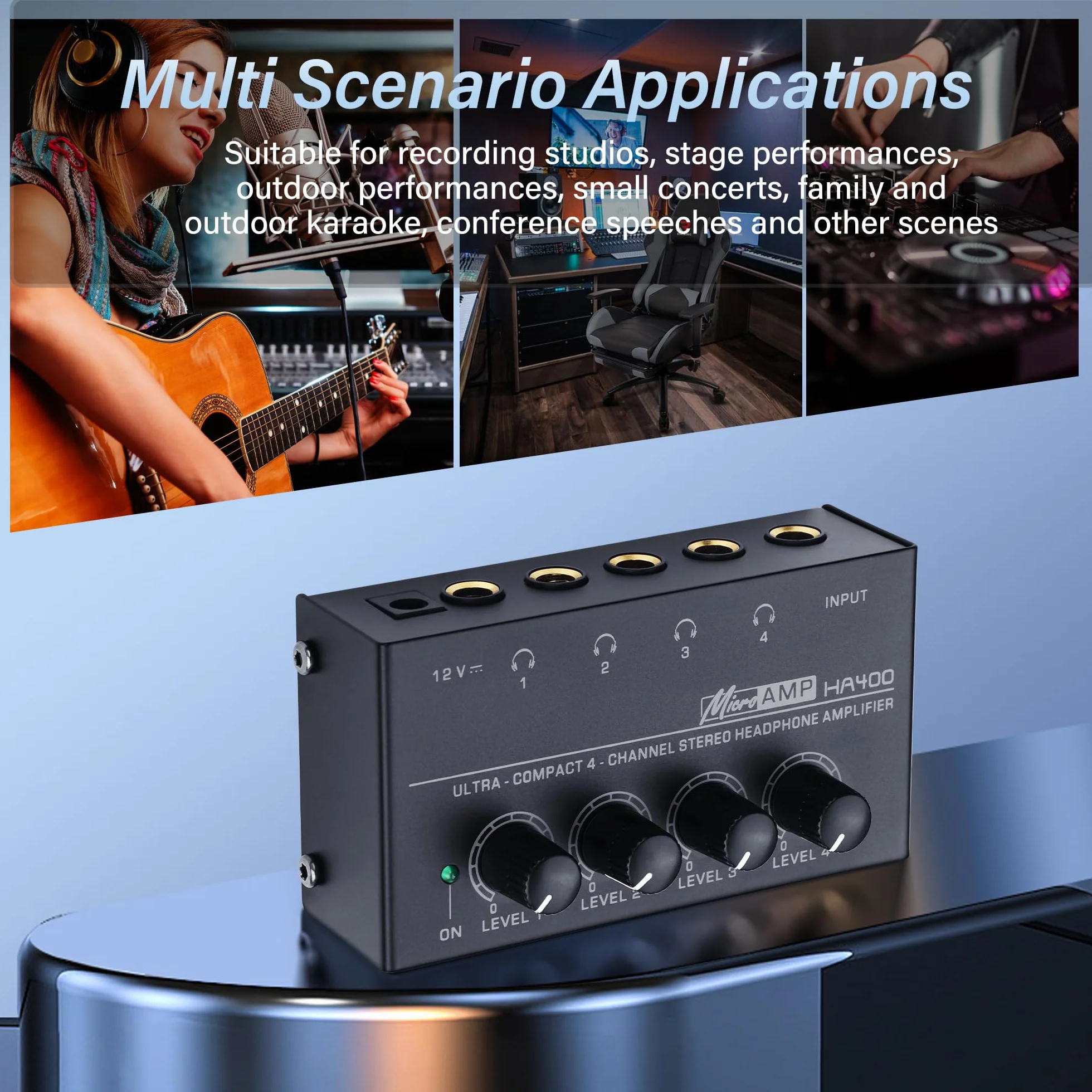 SinLoon HA400 Amplificatore per Cuffie Stereo a 4 canali, Mini Splitter Audio in Metallo con Controllo del Volume Indipendente, Uscita e Ingresso TRS da 1/4", con Adattatore 12V per Studio,
