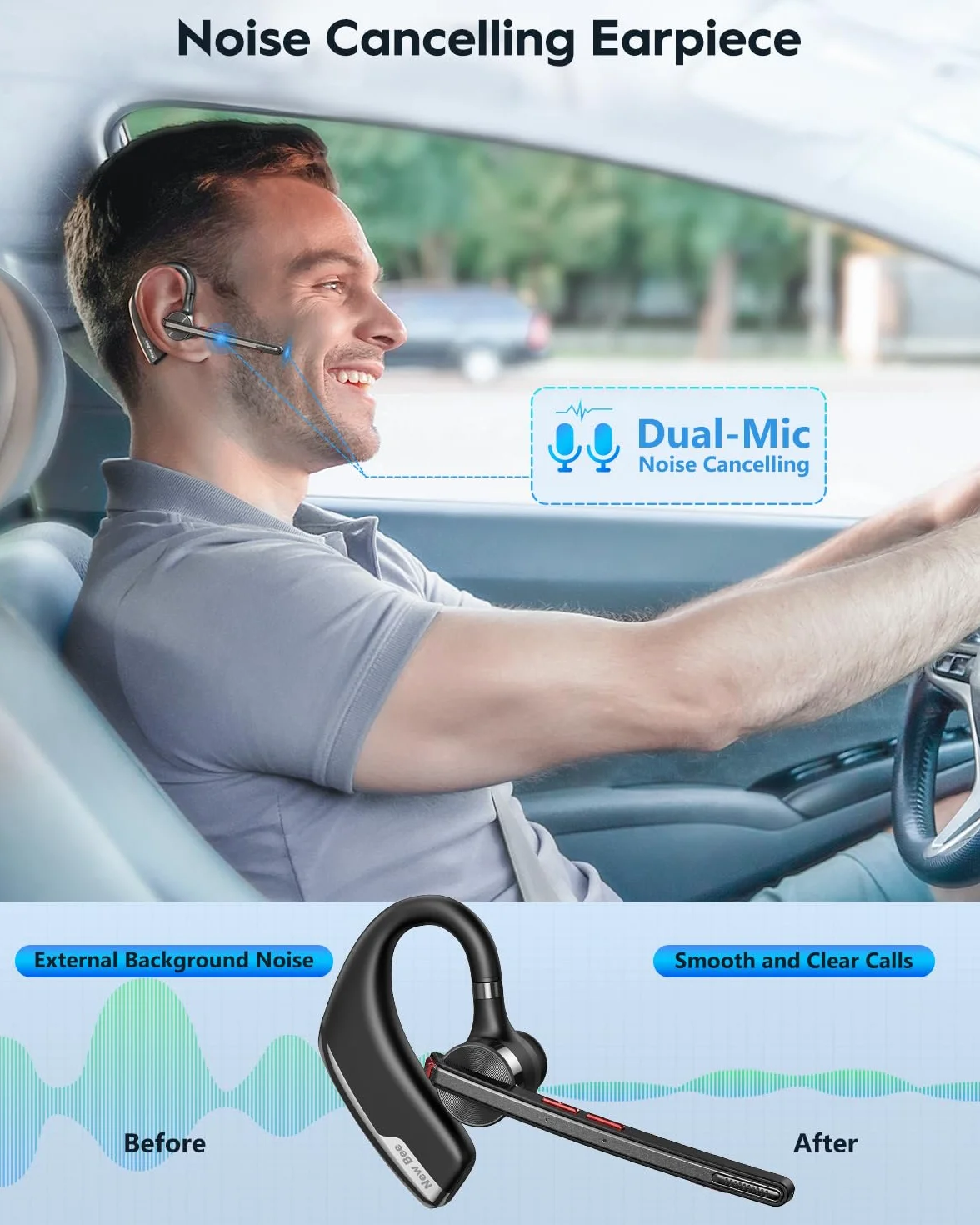 New Bee Auricolare Bluetooth Singolo V5.2 Auricolare Bluetooth con CVC8.0 e ENC Doppio Microfono con Custodia di LED Ricarica per Ufficio, Lavoro, Guida