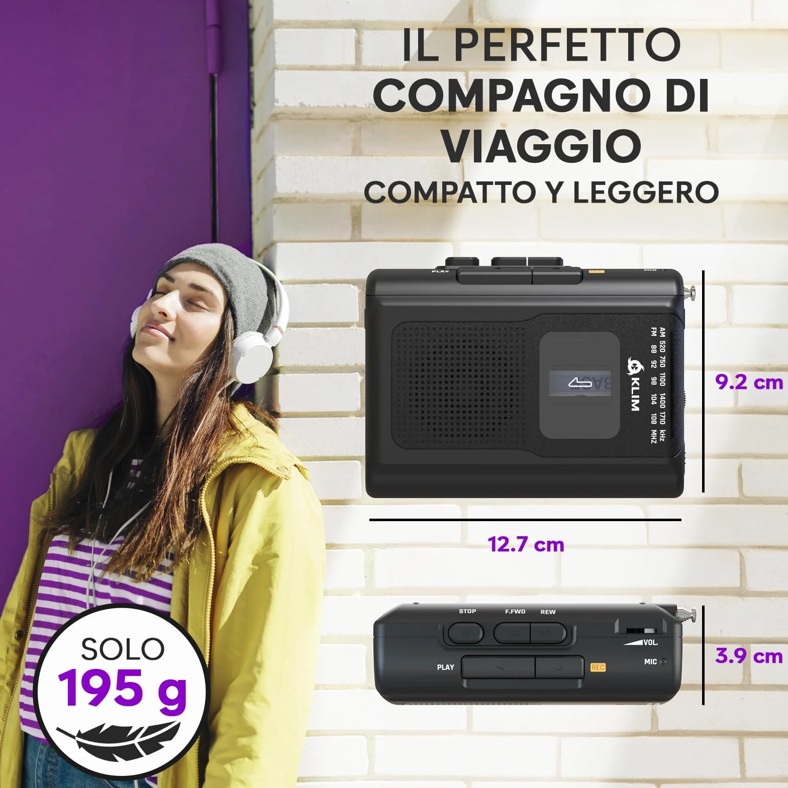 KLIM K8 Lettore Cassette Audio con Cuffie F1 - Registratore Cassette AM/FM Radio - Microfono e Altoparlante Integrati - Nero