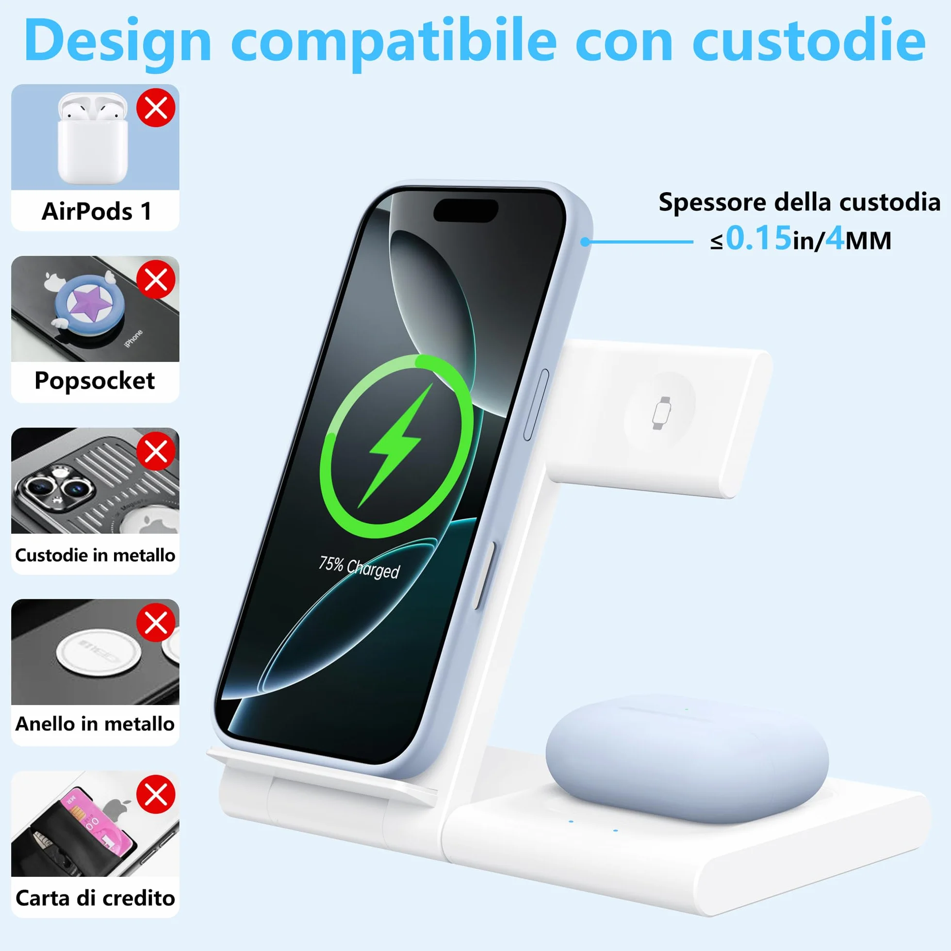 Caricatore Wireless Apple 3 in 1, Stazione di Ricarica Rapida per iPhone 17/16/15/14/13/12/11/Pro/Max/Plus, Apple Watch Ultra 3/11/10/9/8/7/6/SE 3, per AirPods Pro 3/4/3/2