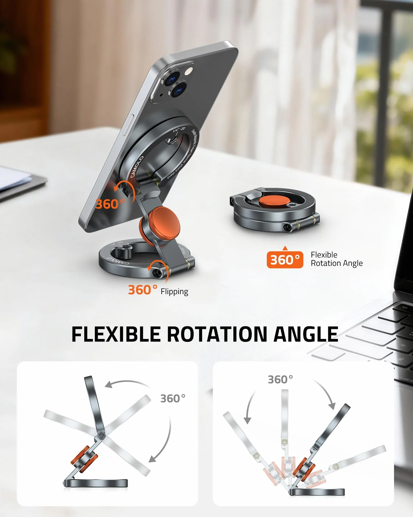 Supporto magnetico per telefono con fidget spinner, supporto a doppio anello laterale, si attacca a qualsiasi superficie di ferro, foro per vite da 1/4", compatibile con iPhone 17/16/15/14/13/12 Pro