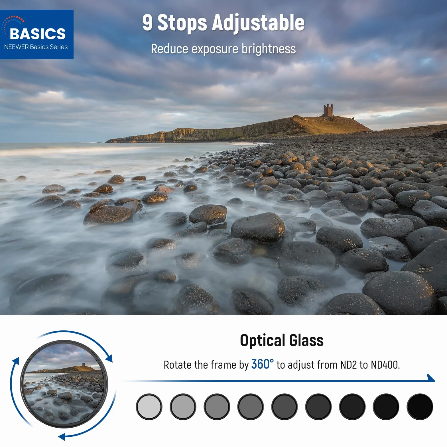 NEEWER BASICS Filtro ND Variabile da 67mm, Filtro ND2-400 a Densità Neutra Variabile Ruotabile con Riduzione della Luce 1-9 Stop con Rivestimento Anti Impronta, Telaio Sottile per Obiettivo Fotocamera