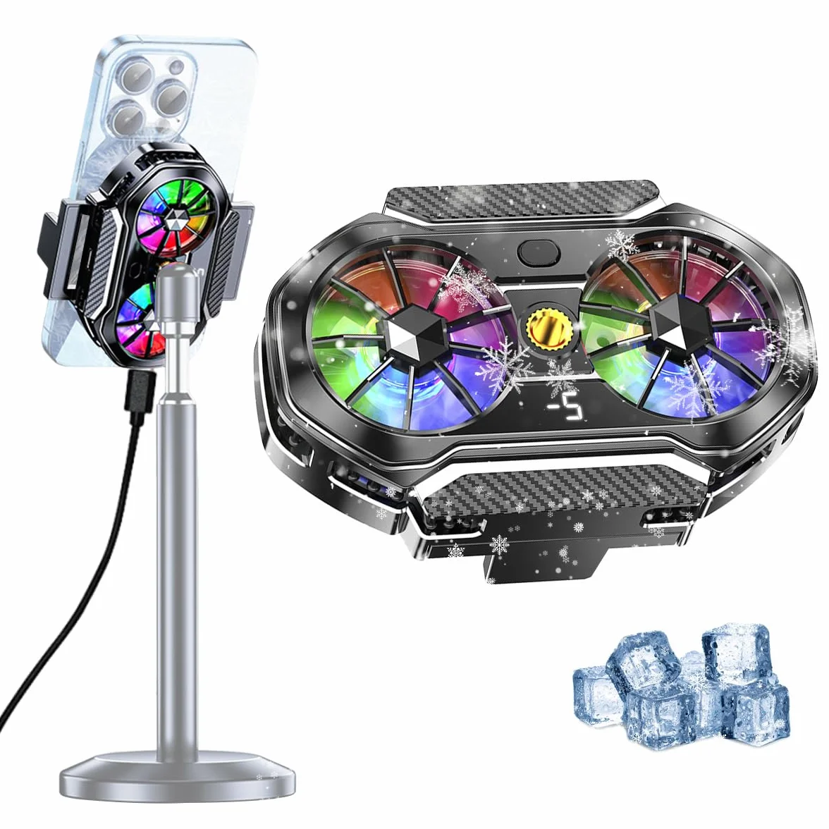 Dispositivo di raffreddamento per smartphone, gaming e live streaming, display temperatura LED, 3 velocità ventilazione, compatibile da 4,5 a 7 pollici