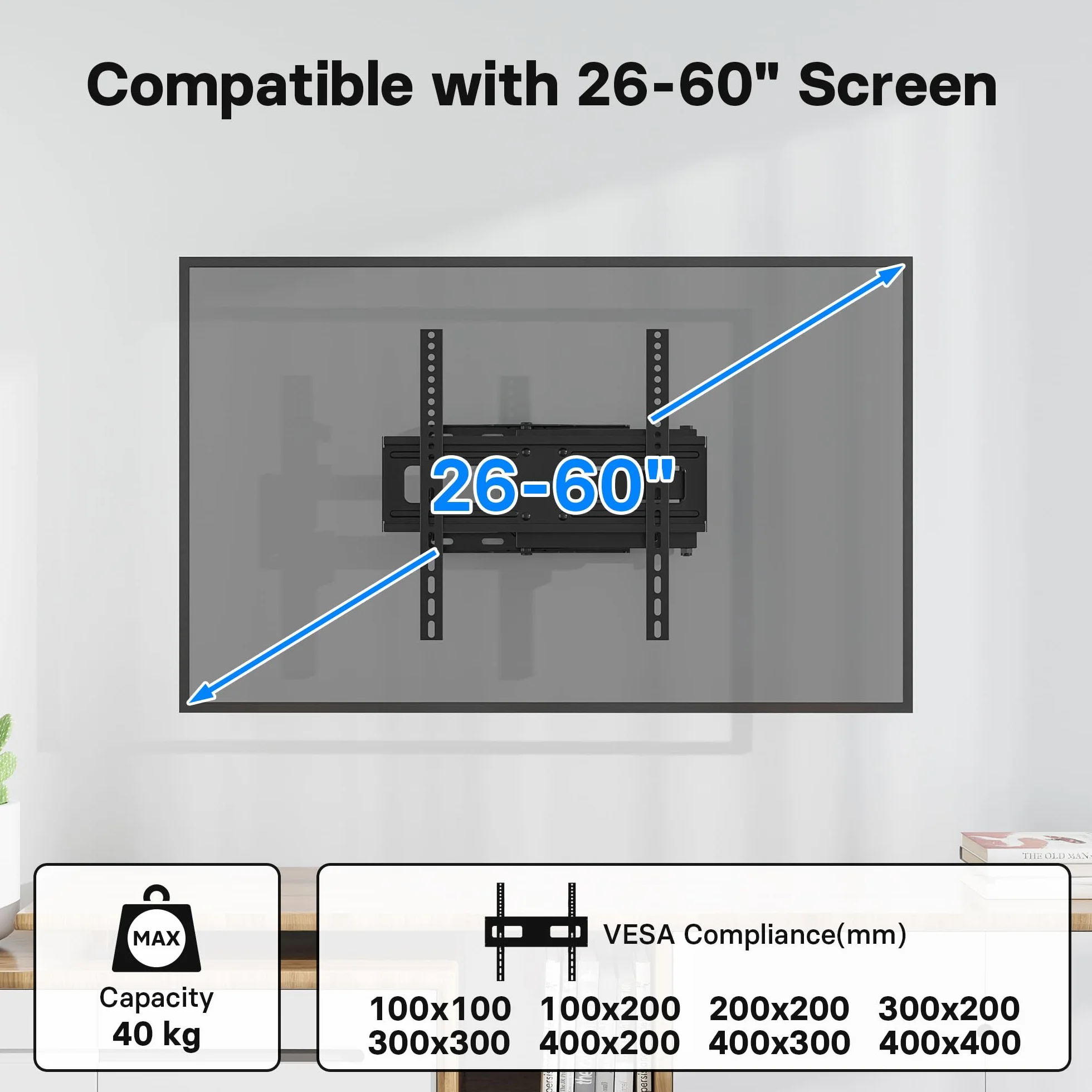 BONTEC Supporto TV Parete 26-60 Pollici VESA 400x400 Girevole Inclinazione Rotazione Estensione 80-500mm 40kg