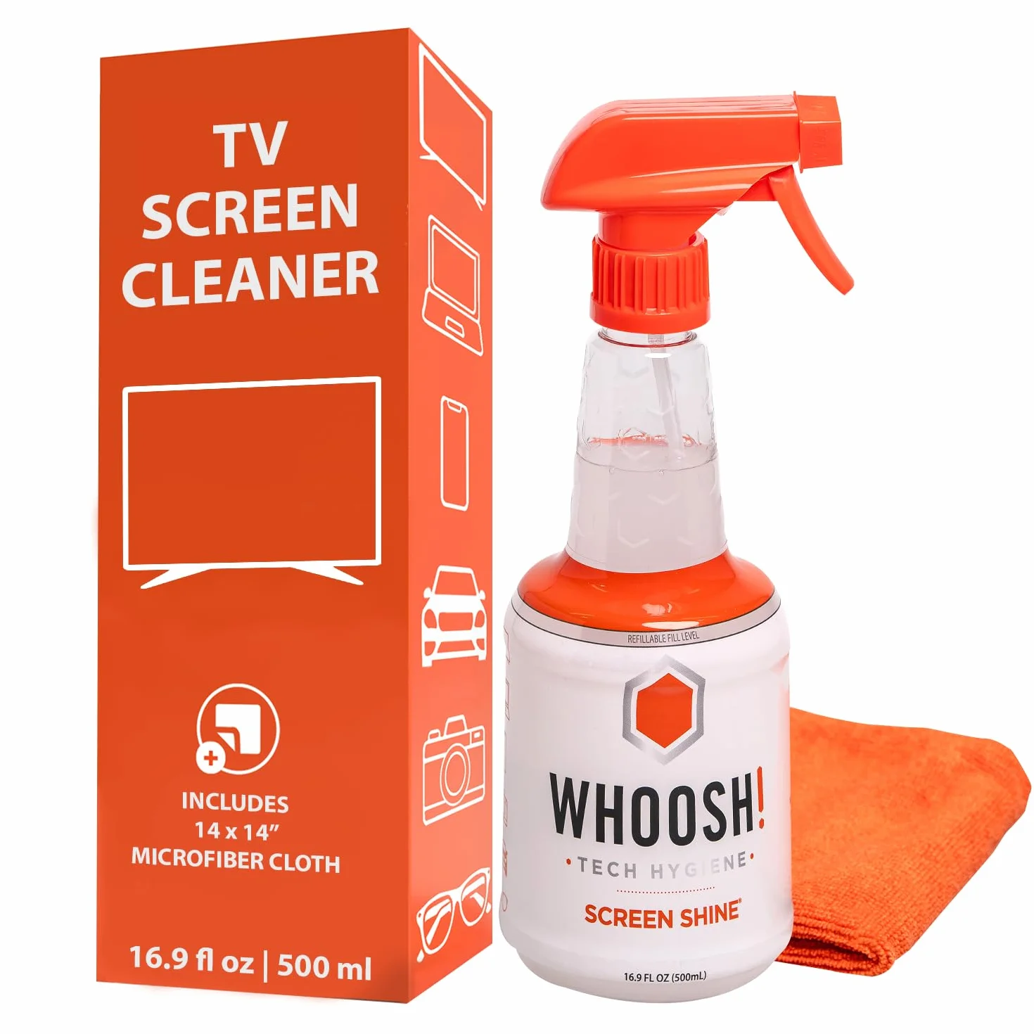 WHOOSH! Screen Shine Pro Spray 500 ml Pulizia Schermo TV OLED Detergente Ricaricabile Senza Aloni Kit Panno Microfibra