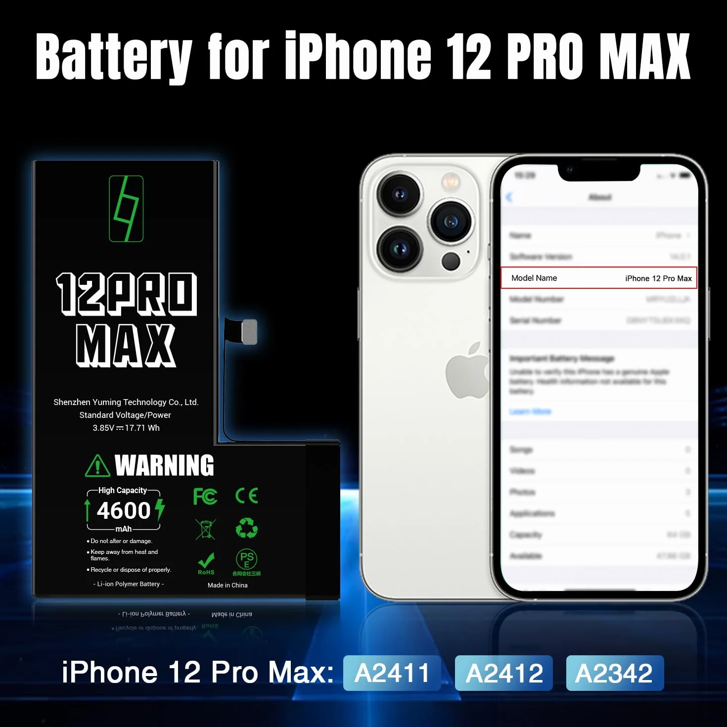 Batteria per iPhone 12 Pro Max, 4600mAh Alta Capacità, Compatibile con A2411 A2412 A2342, 0 Cicli, Kit di Riparazione Completo, Certificato CE/RoHS/FCC