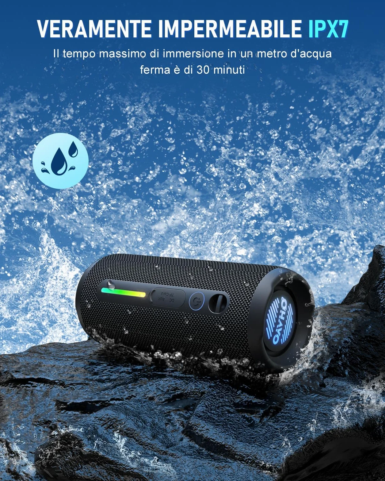 OHAYO Cassa Bluetooth Potente Portatile 24W, Altoparlante Bluetooth 5.3 con luci RGB e funzione di potenziamento dei bassi, 30 Ore di Gioco, Impermeabile IPX7, Adatto per Uso All'aperto, Feste