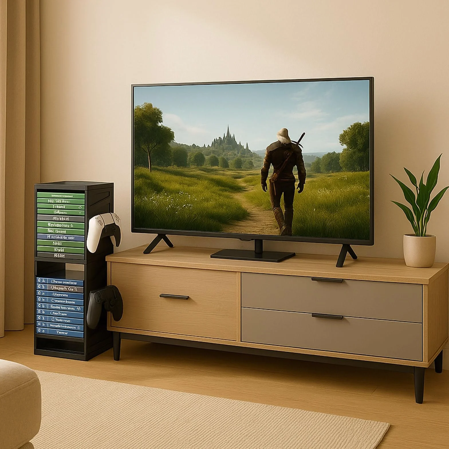 Supporto a torre di archiviazione per giochi per PS5, PS4, Xbox Series X/S, Xbox One, Switch e dischi Blu-Ray - Rack organizer per 24 dischi con controller e ganci per cuffie, salvaspazio